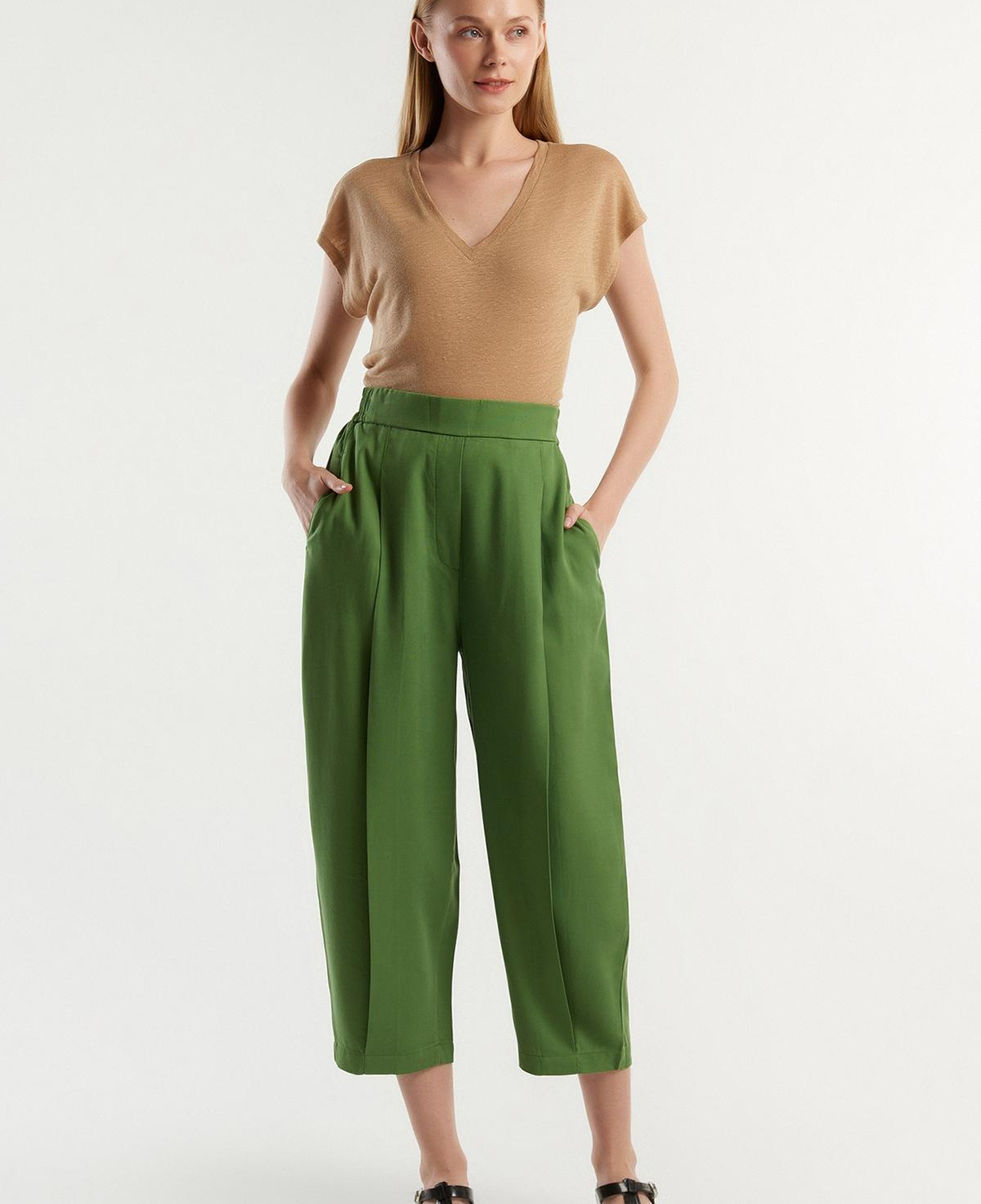 Kadın Soluk Yeşil %100 Liyosel Bol Kesim Beli Lastikli Pantolon