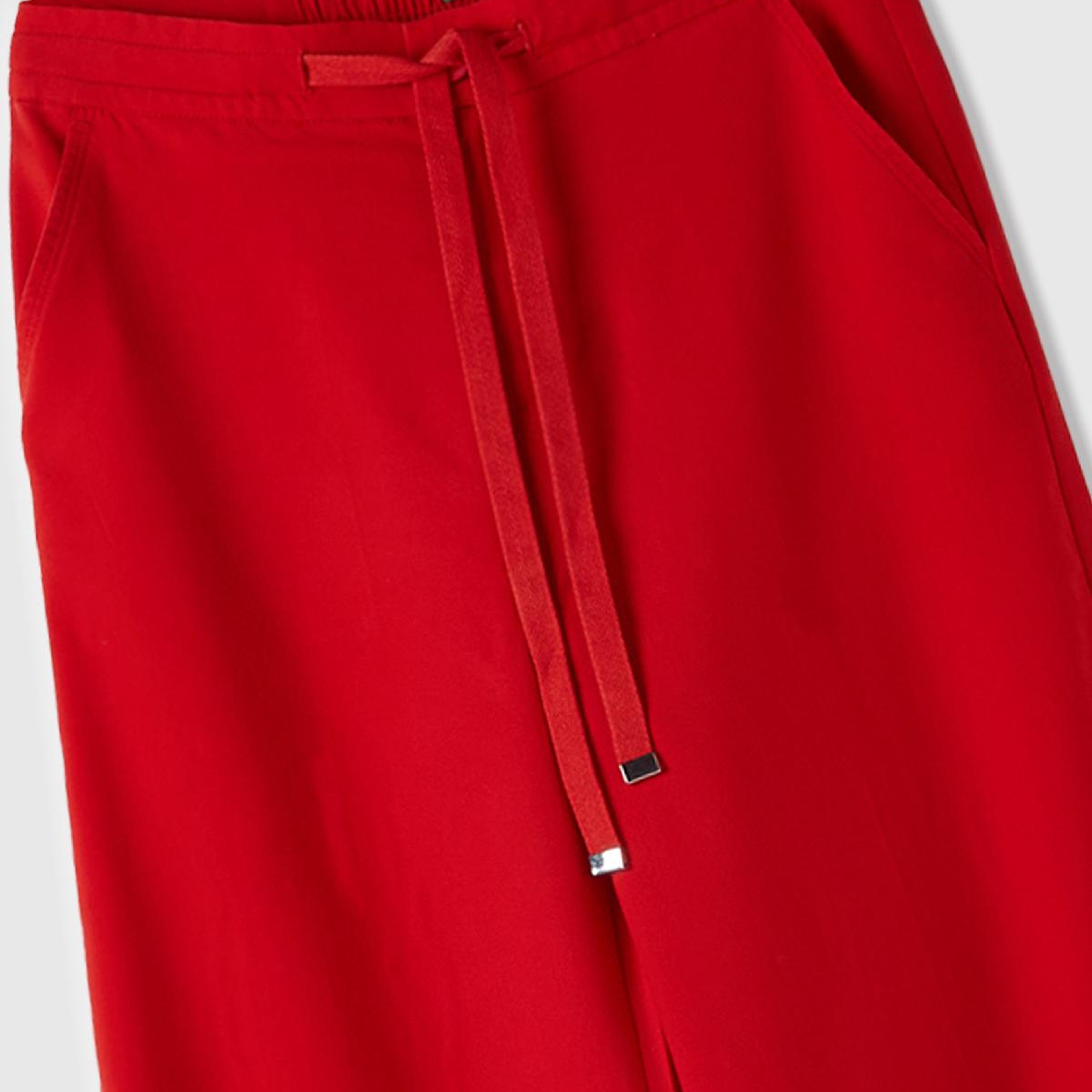 Kadın Kırmızı %100 Liyosel Önü Pileli Beli İpli ve Düğmeli Pantolon