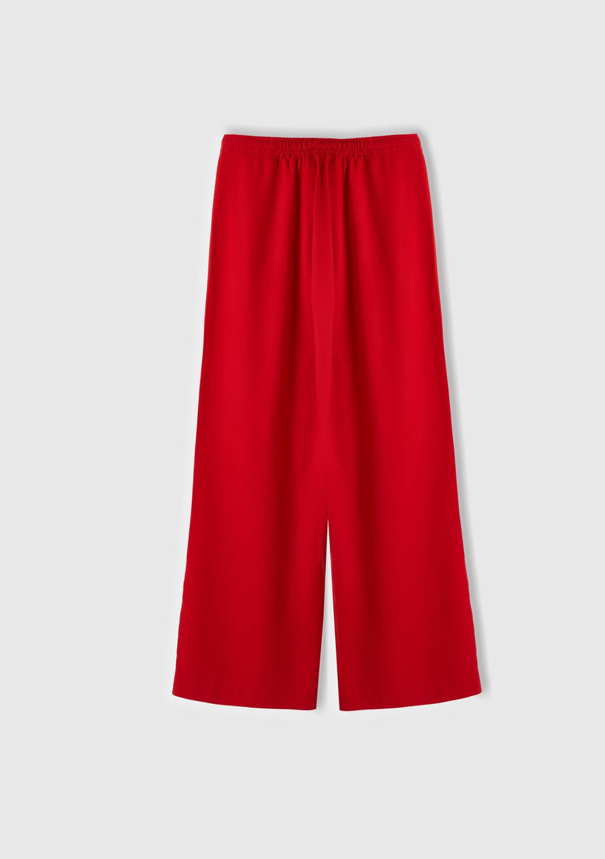 Kadın Kırmızı %100 Liyosel Önü Pileli Beli İpli ve Düğmeli Pantolon