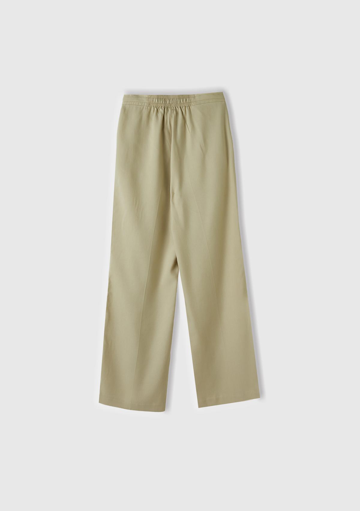 Kadın Bej %100 Liyosel Önü Pileli Beli İpli ve Düğmeli Pantolon