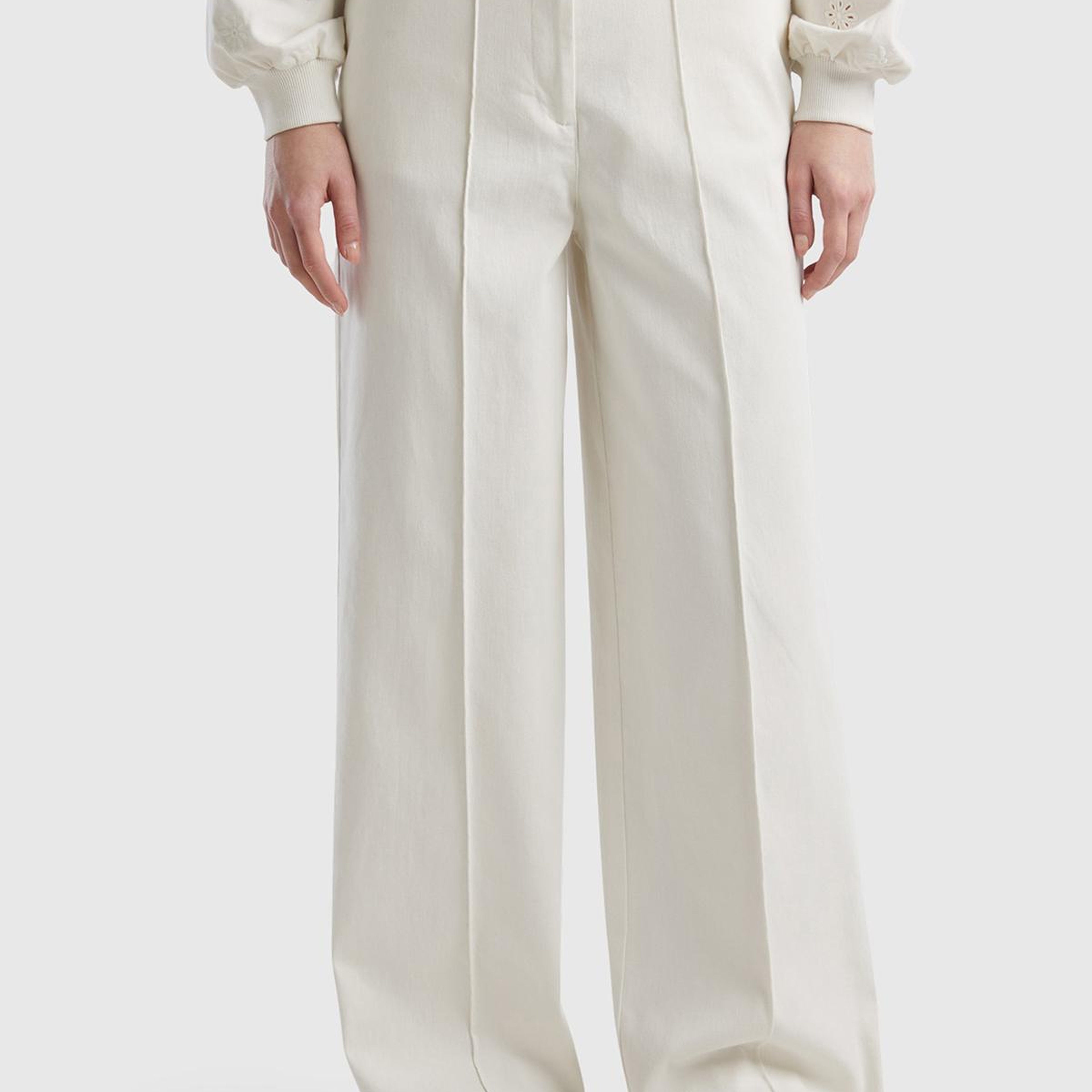 Kadın Krem Pamuk Karışımlı Ultra Yüksek Bel Geniş Paça Pantolon