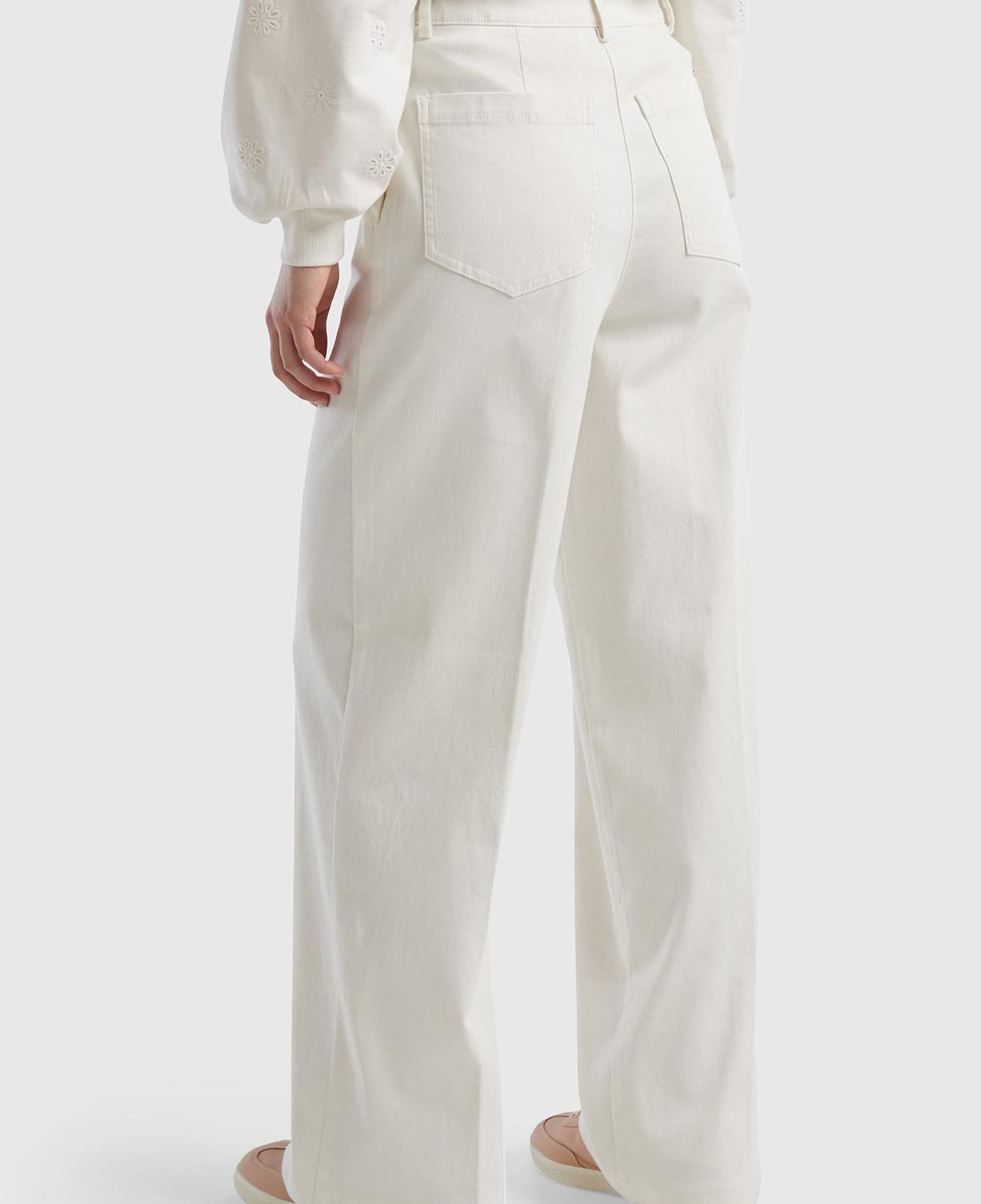 Kadın Krem Pamuk Karışımlı Ultra Yüksek Bel Geniş Paça Pantolon
