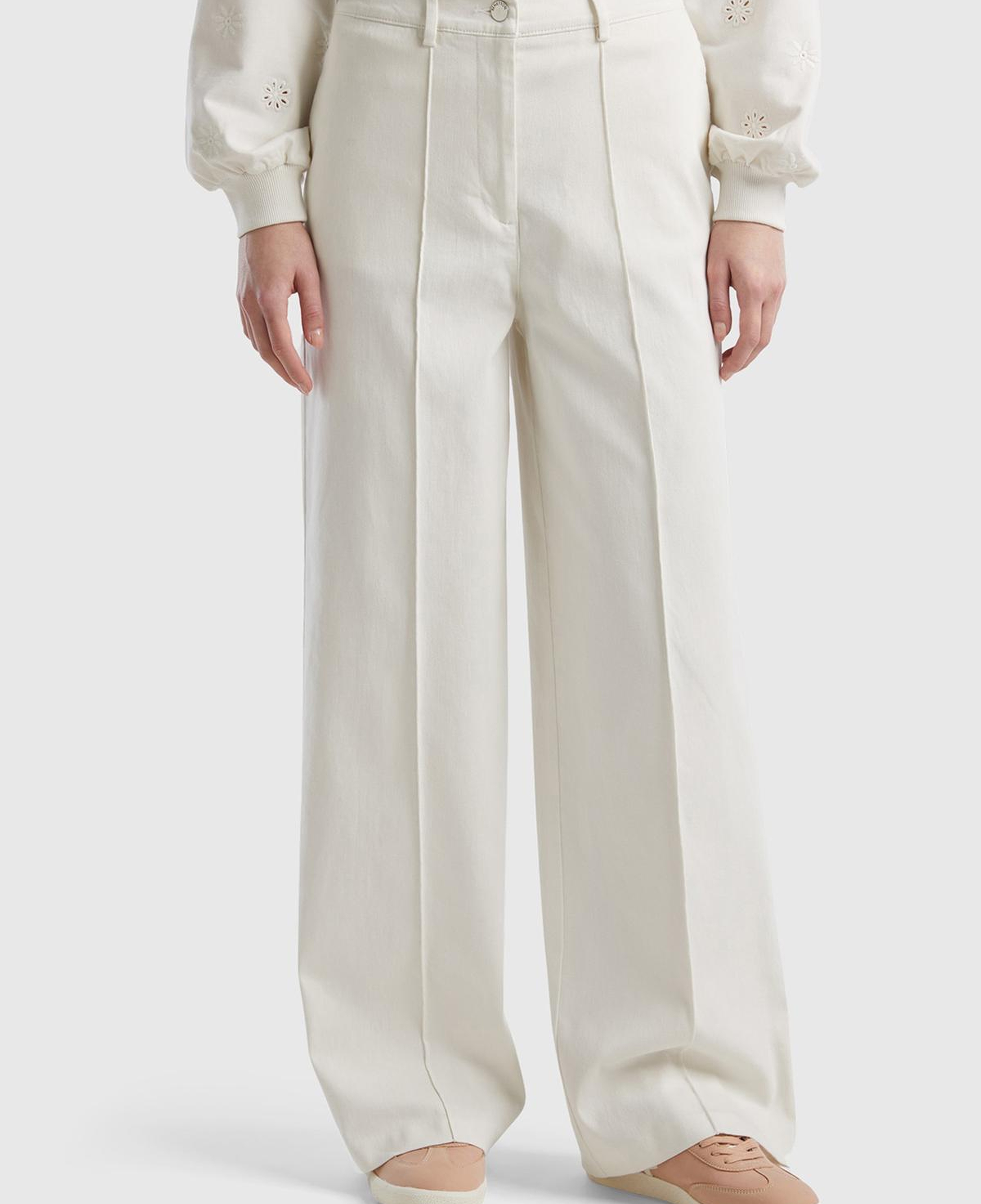Kadın Krem Pamuk Karışımlı Ultra Yüksek Bel Geniş Paça Pantolon