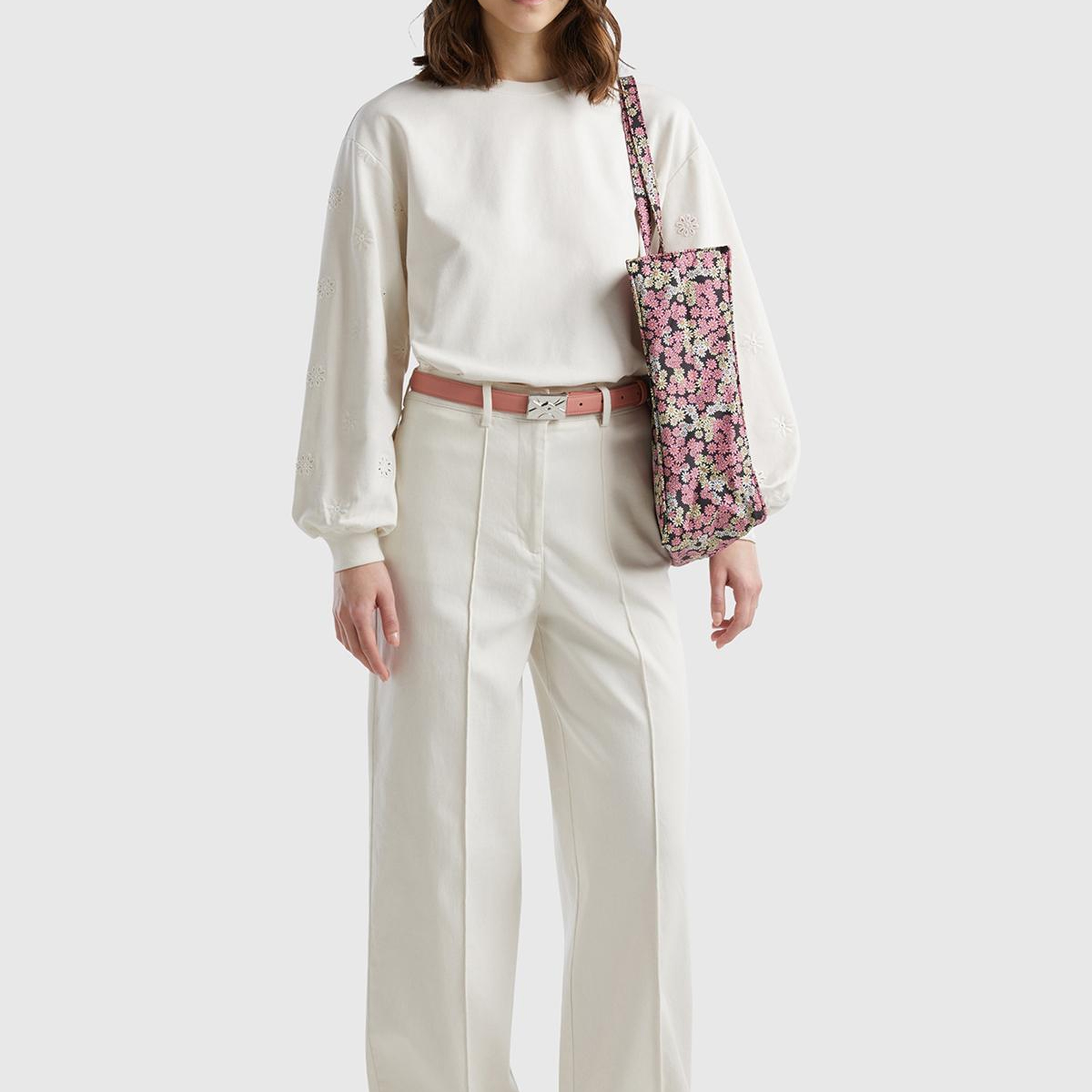 Kadın Krem Pamuk Karışımlı Ultra Yüksek Bel Geniş Paça Pantolon