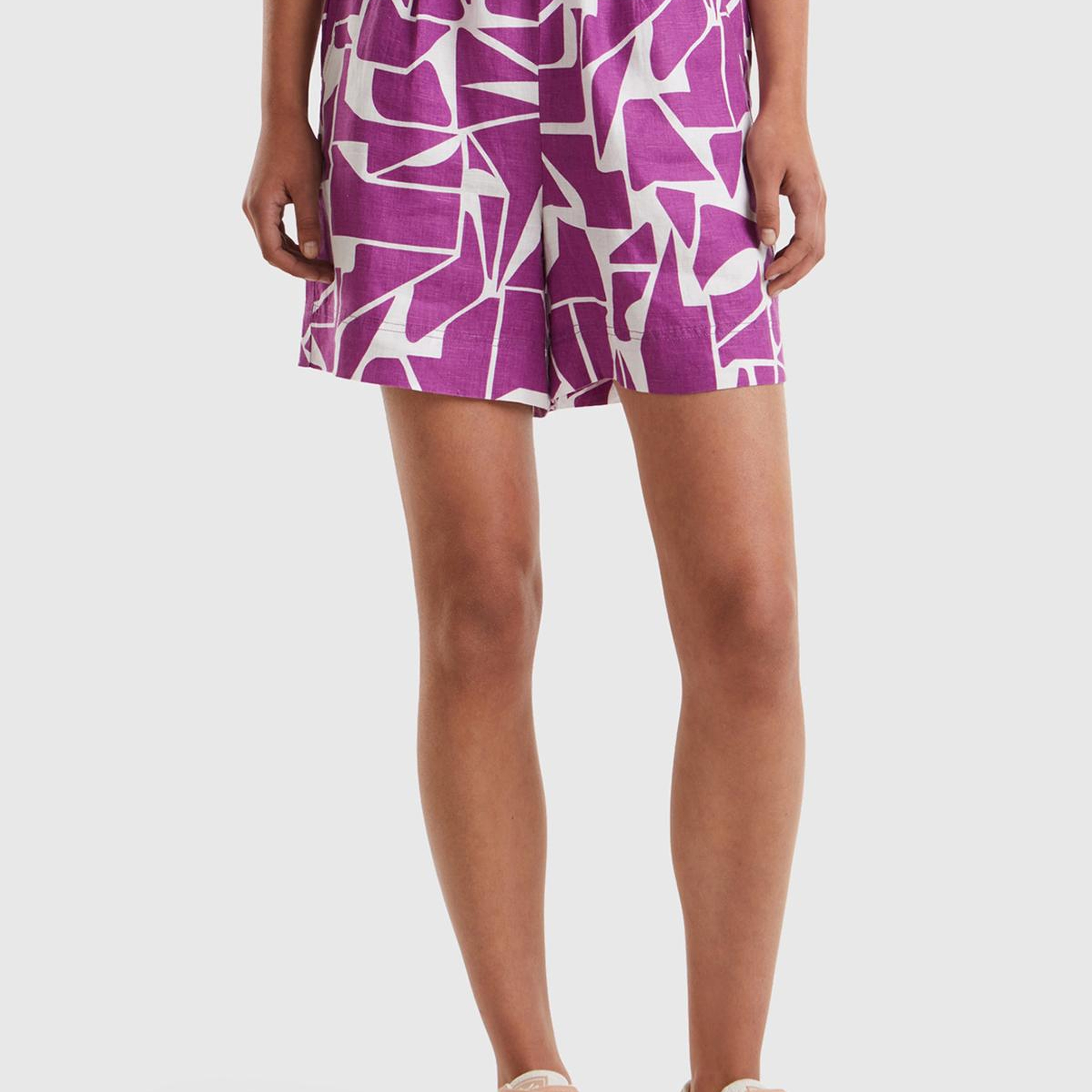 Kadın Mor %100 Keten Tamamı Desenli Beli Bağlamalı Şort