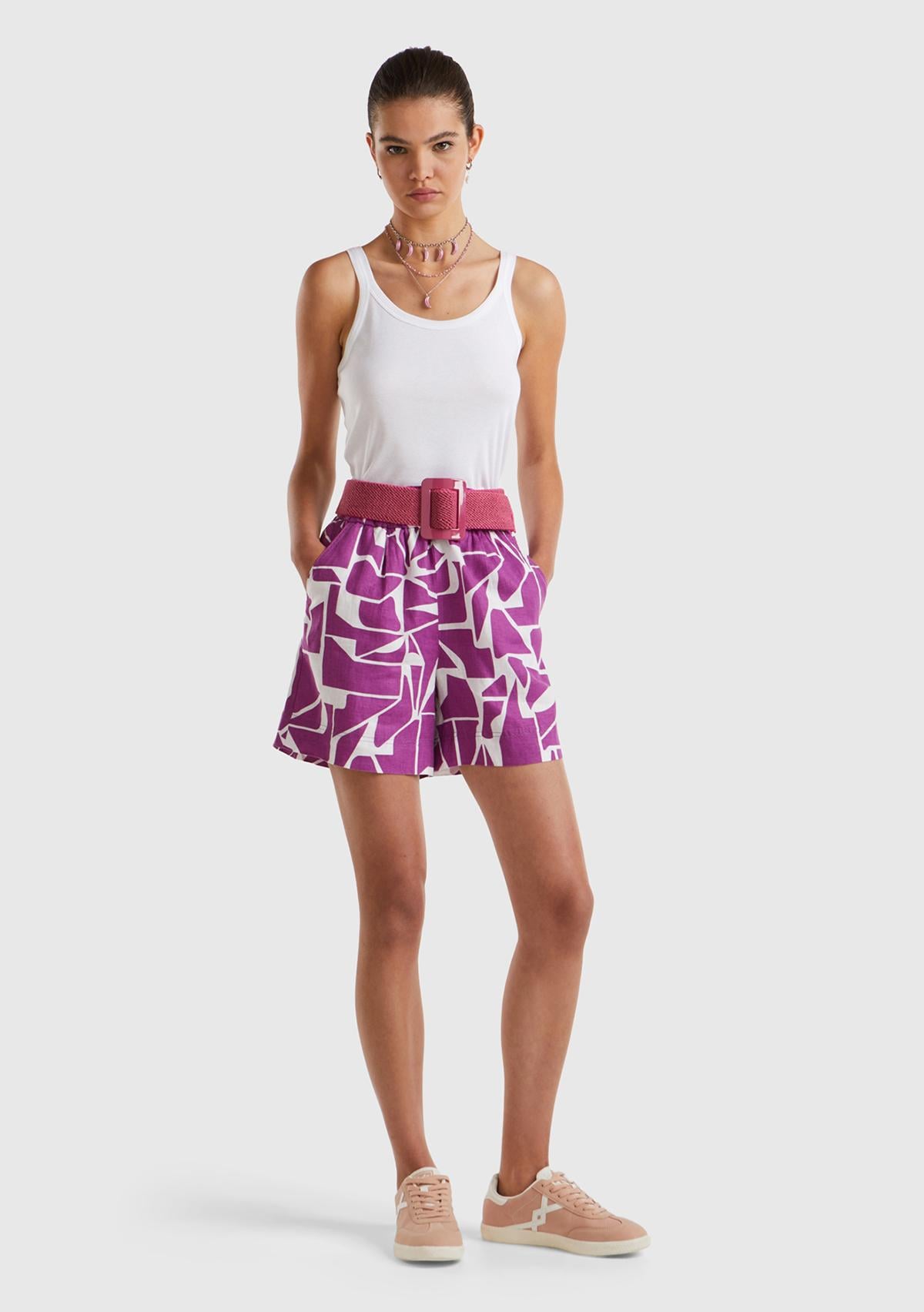 Kadın Mor %100 Keten Tamamı Desenli Beli Bağlamalı Şort