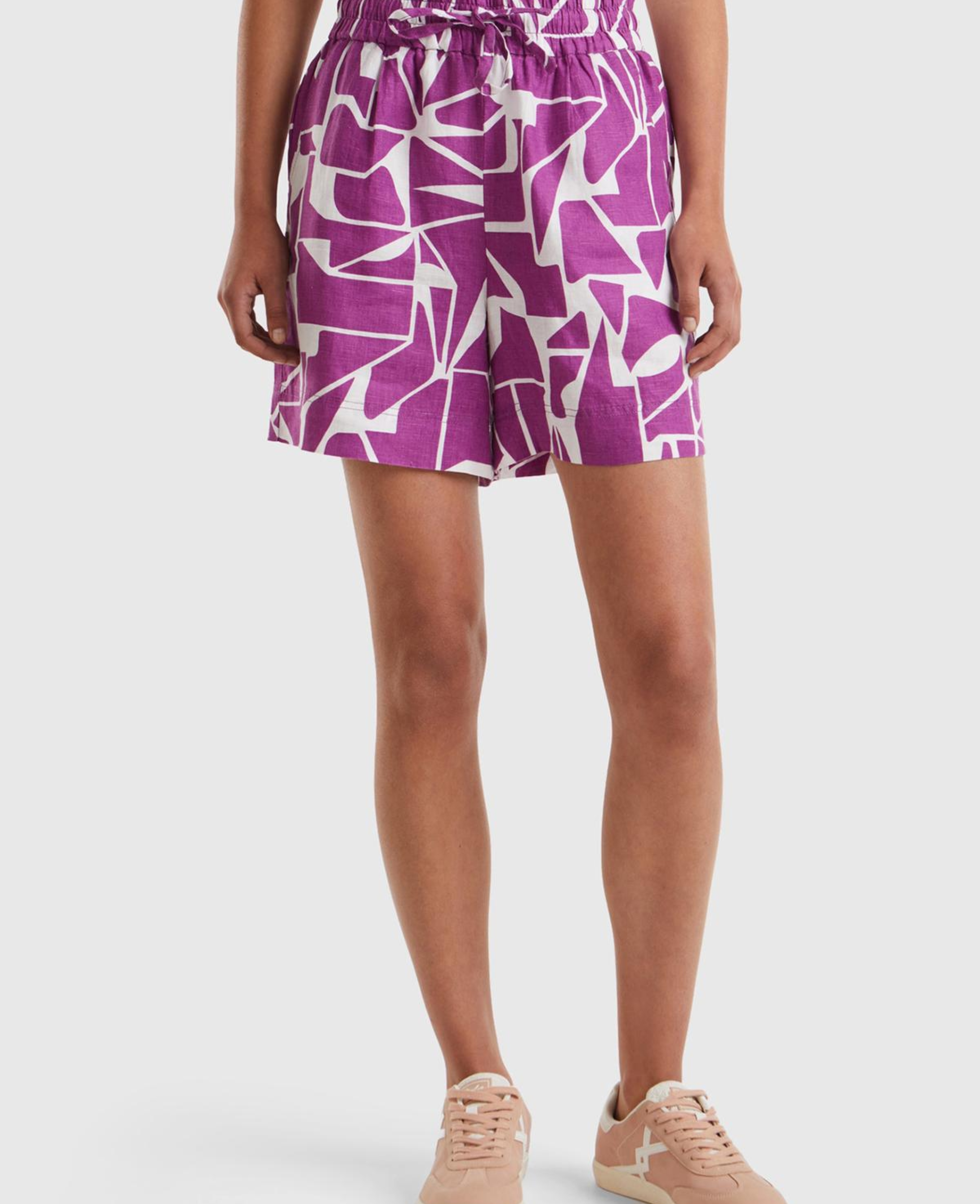 Kadın Mor %100 Keten Tamamı Desenli Beli Bağlamalı Şort