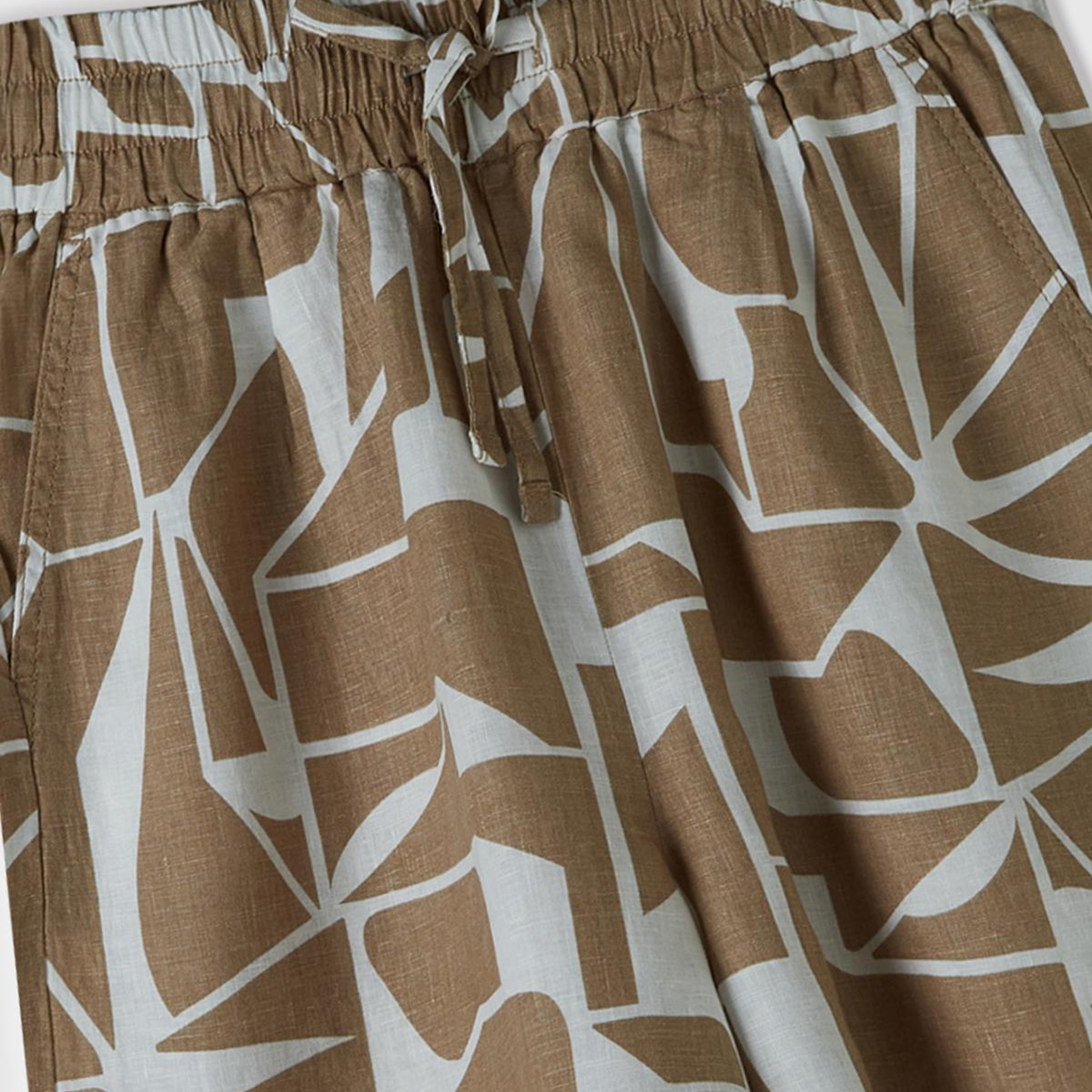 Kadın Bej %100 Keten Tamamı Desenli Beli Bağlamalı Şort