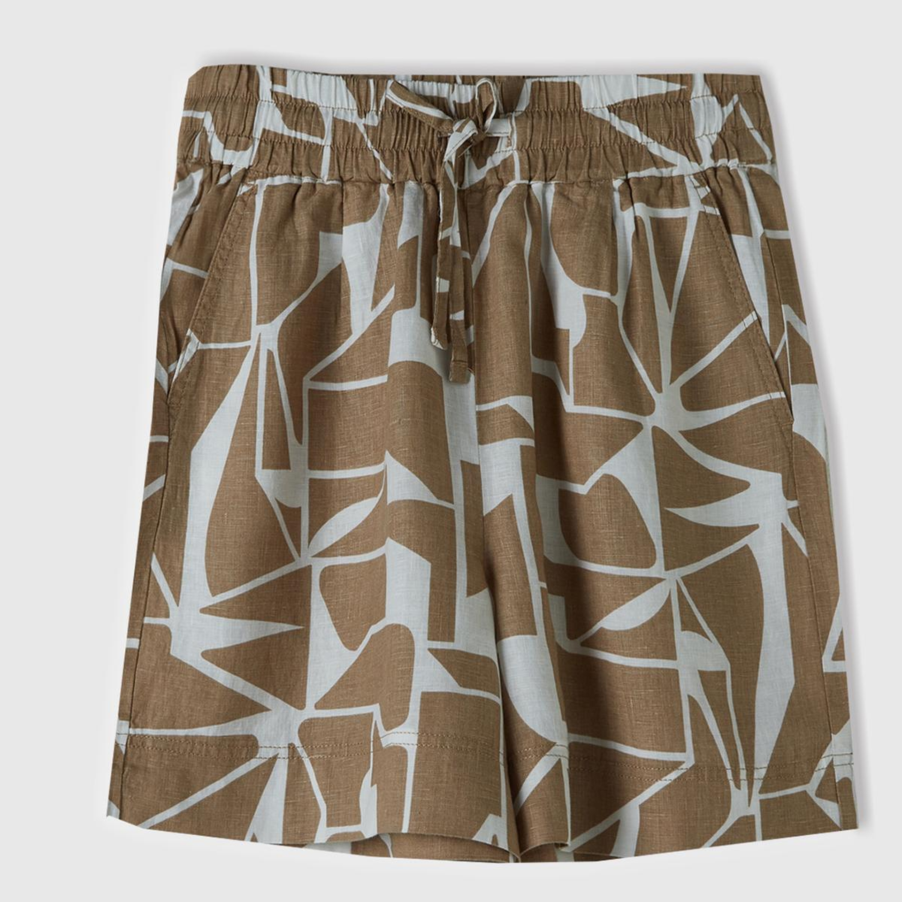 Kadın Bej %100 Keten Tamamı Desenli Beli Bağlamalı Şort