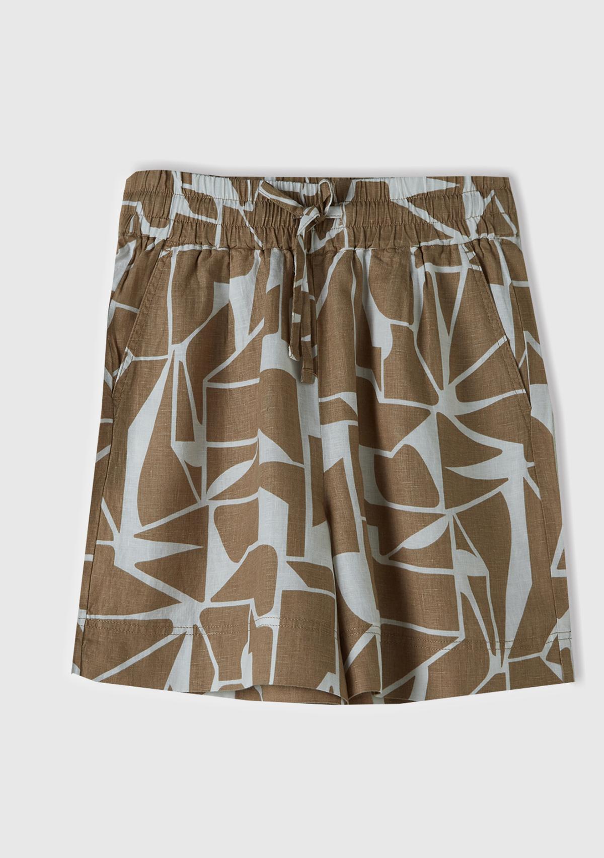 Kadın Bej %100 Keten Tamamı Desenli Beli Bağlamalı Şort