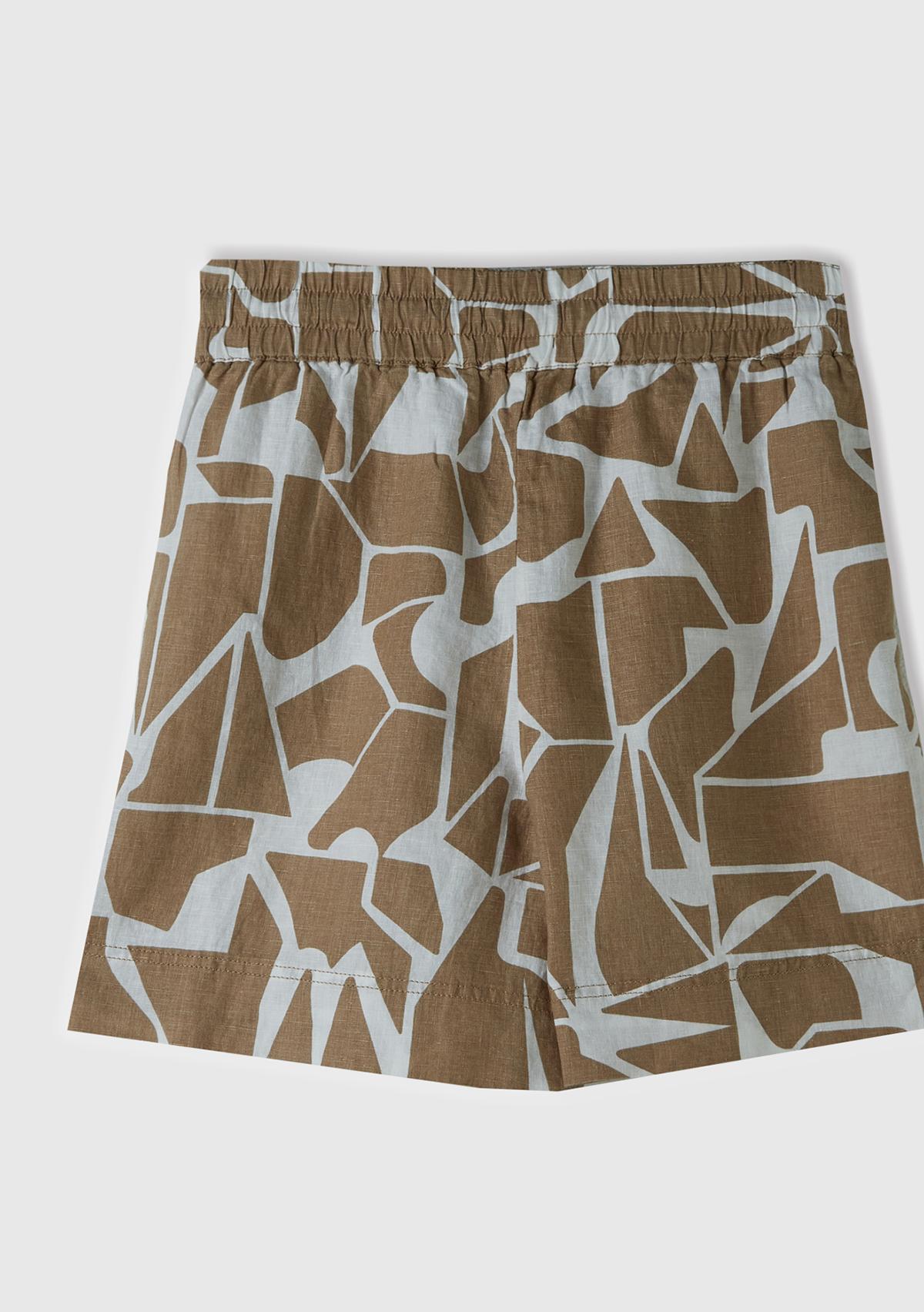 Kadın Bej %100 Keten Tamamı Desenli Beli Bağlamalı Şort