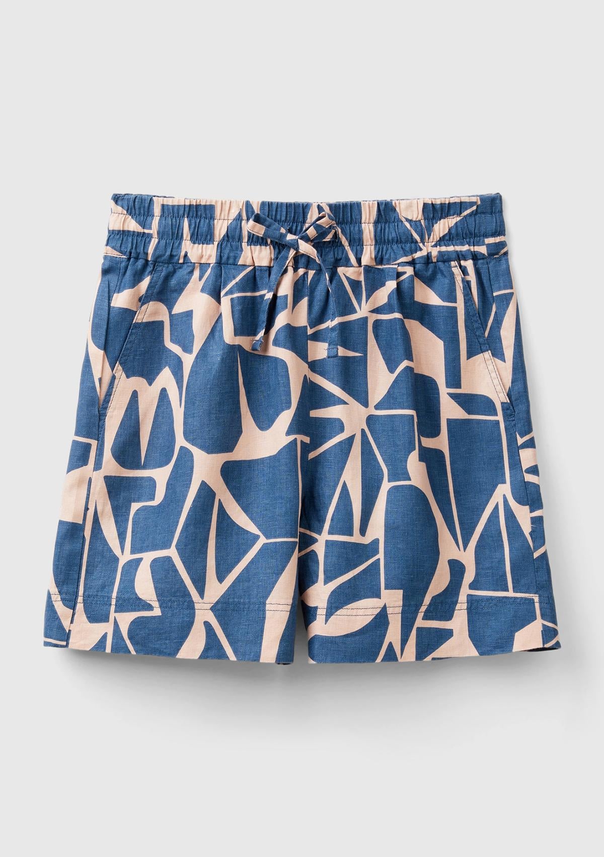 Kadın Lacivert %100 Keten Tamamı Desenli Beli Bağlamalı Şort