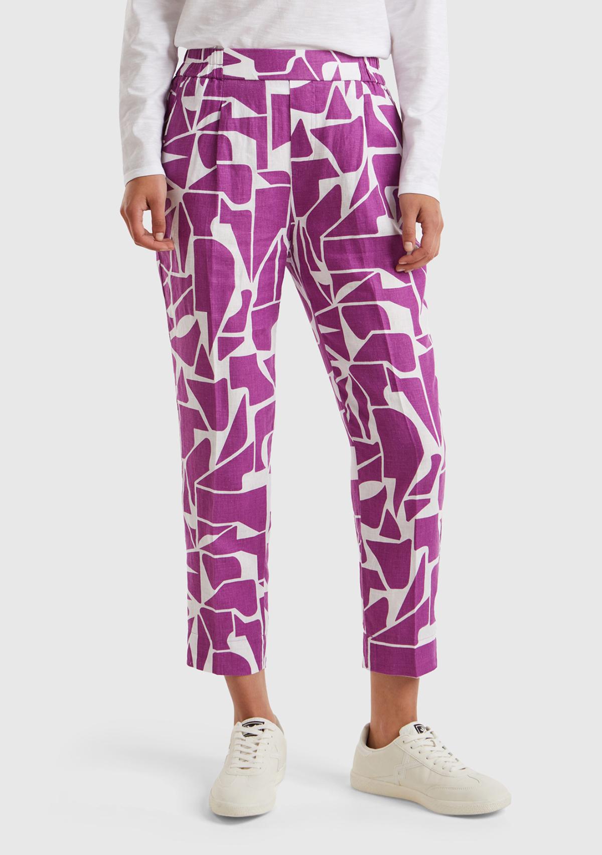 Kadın Mor %100 Keten Elastik Belli Tamamı Desenli Pantolon