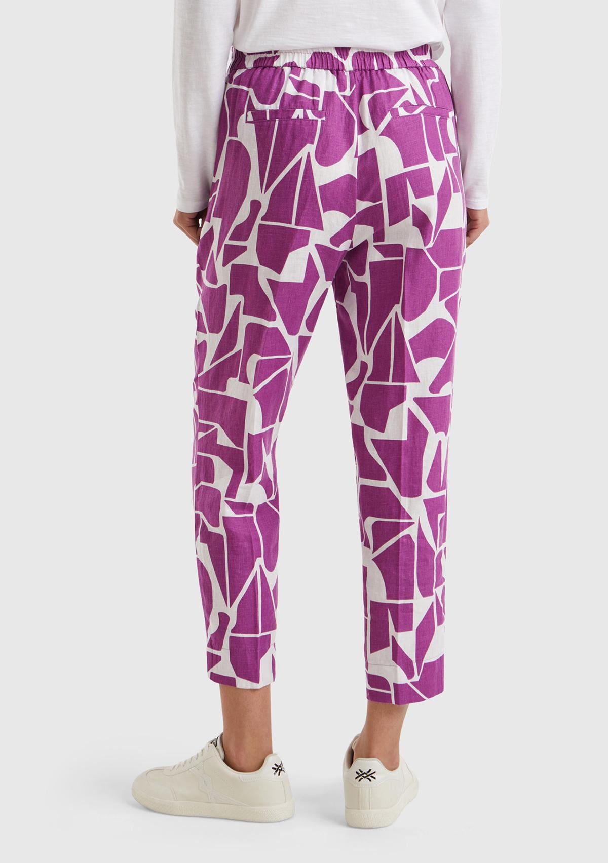 Kadın Mor %100 Keten Elastik Belli Tamamı Desenli Pantolon