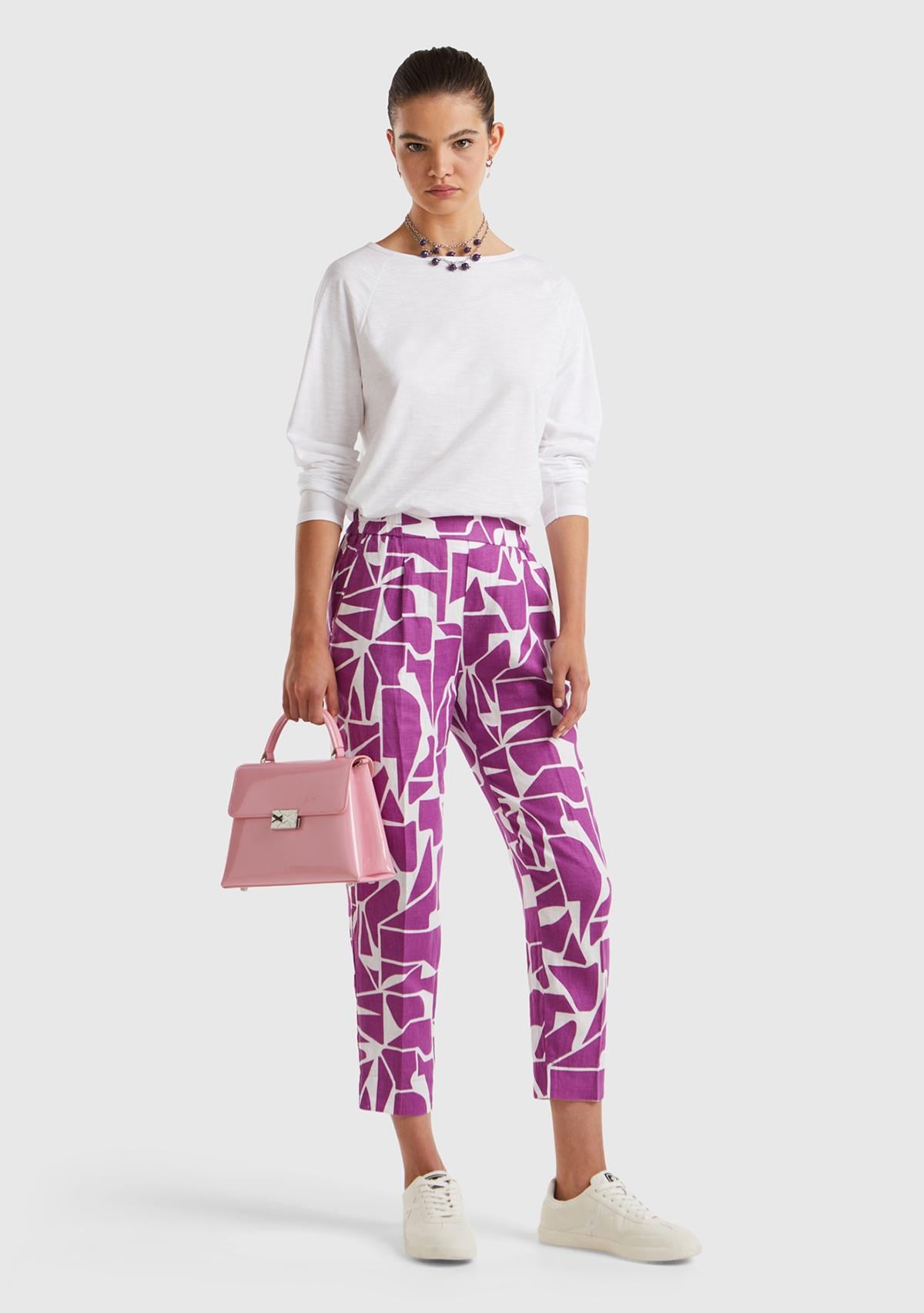 Kadın Mor %100 Keten Elastik Belli Tamamı Desenli Pantolon