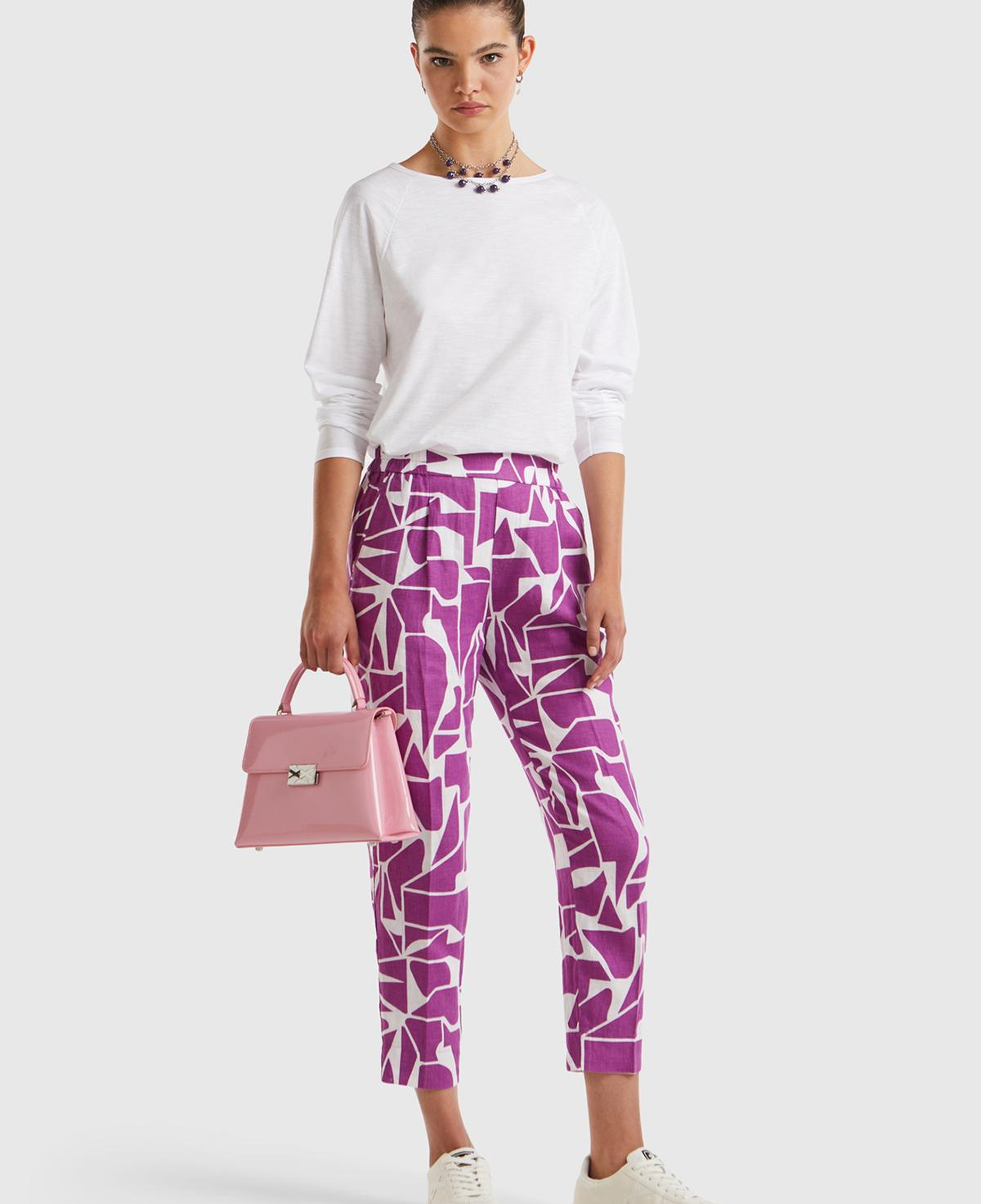 Kadın Mor %100 Keten Elastik Belli Tamamı Desenli Pantolon