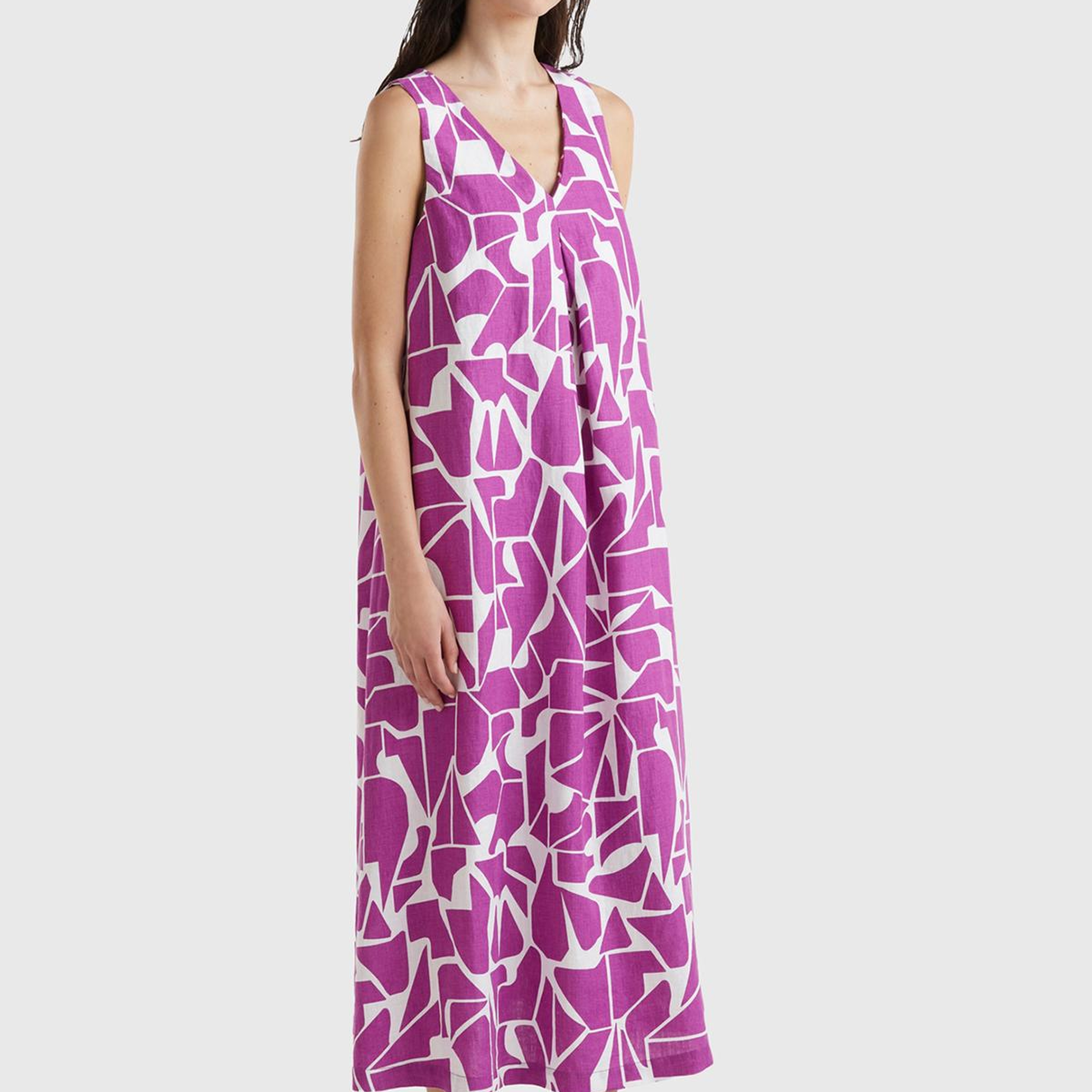 Kadın Mor %100 Keten Ortası Kıvrım Detaylı V Yaka Kolsuz Elbise