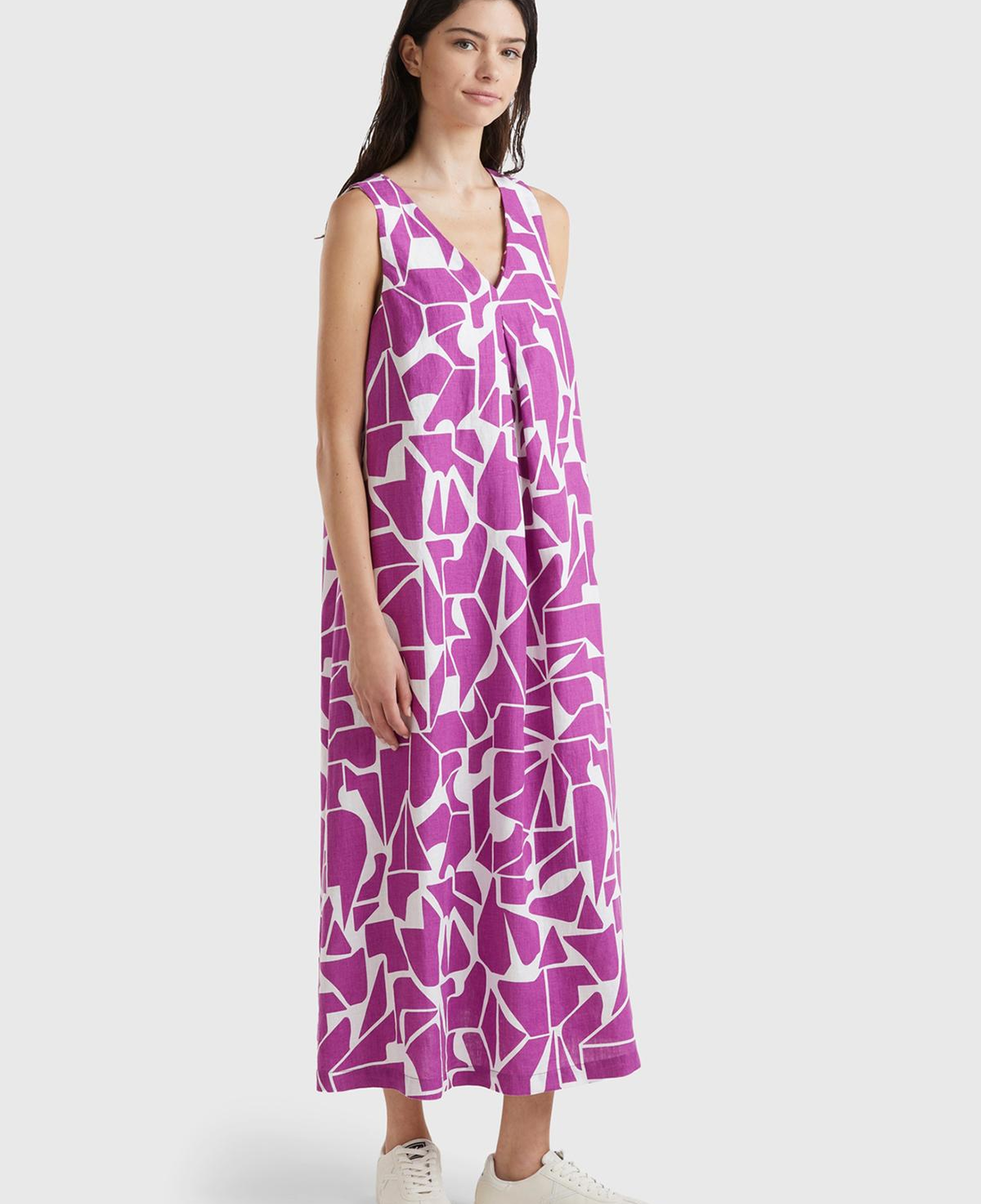 Kadın Mor %100 Keten Ortası Kıvrım Detaylı V Yaka Kolsuz Elbise