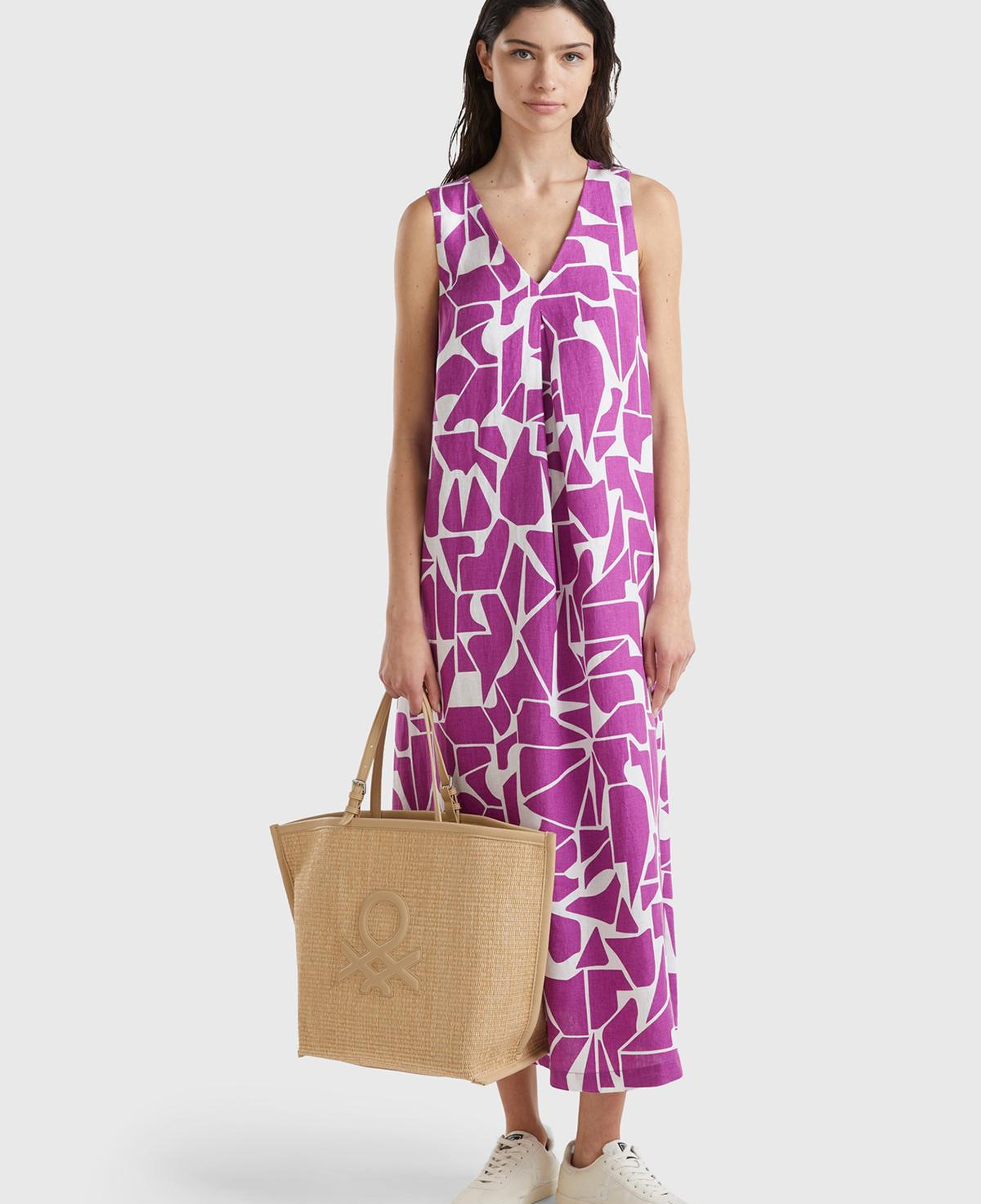 Kadın Mor %100 Keten Ortası Kıvrım Detaylı V Yaka Kolsuz Elbise