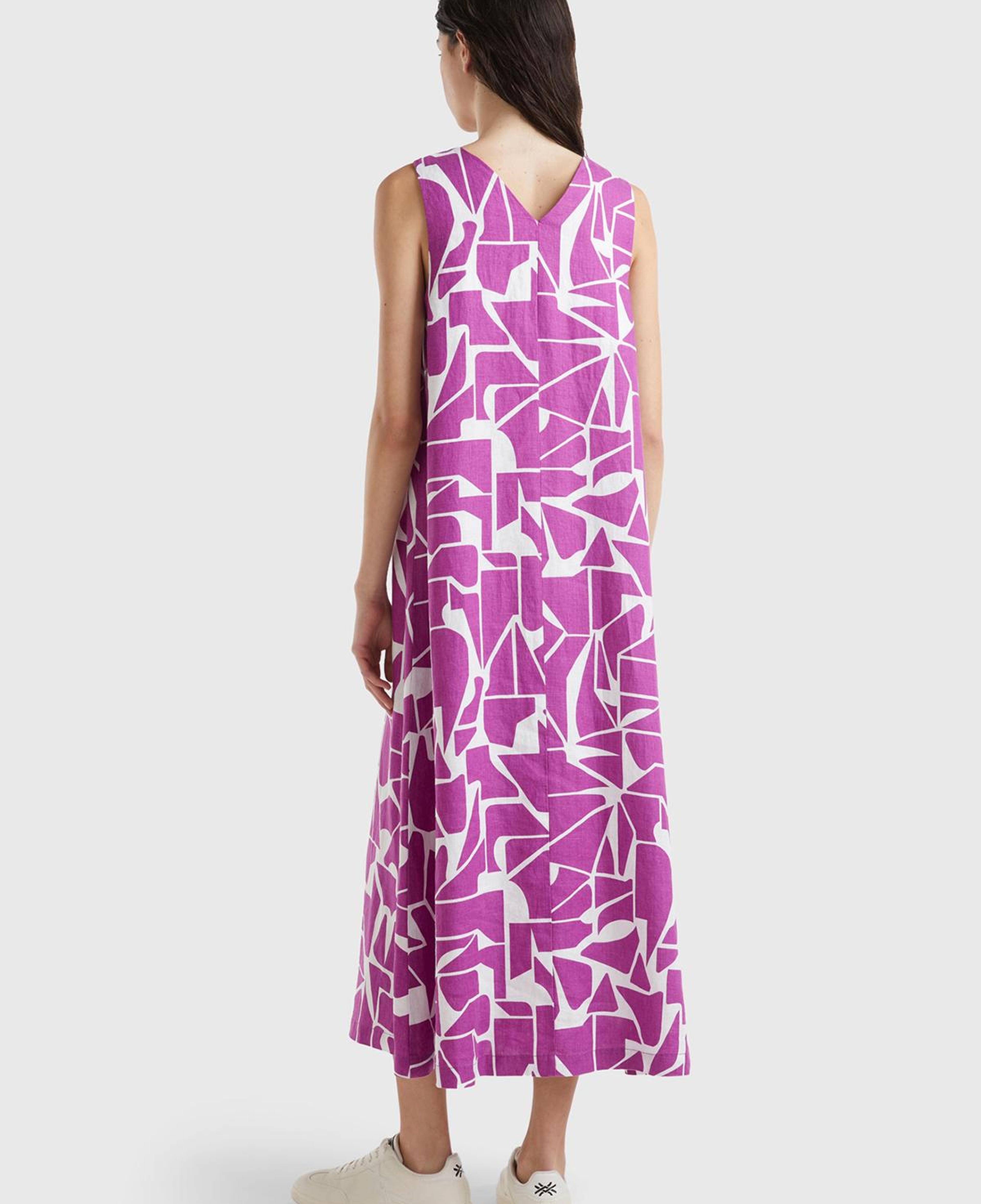 Kadın Mor %100 Keten Ortası Kıvrım Detaylı V Yaka Kolsuz Elbise