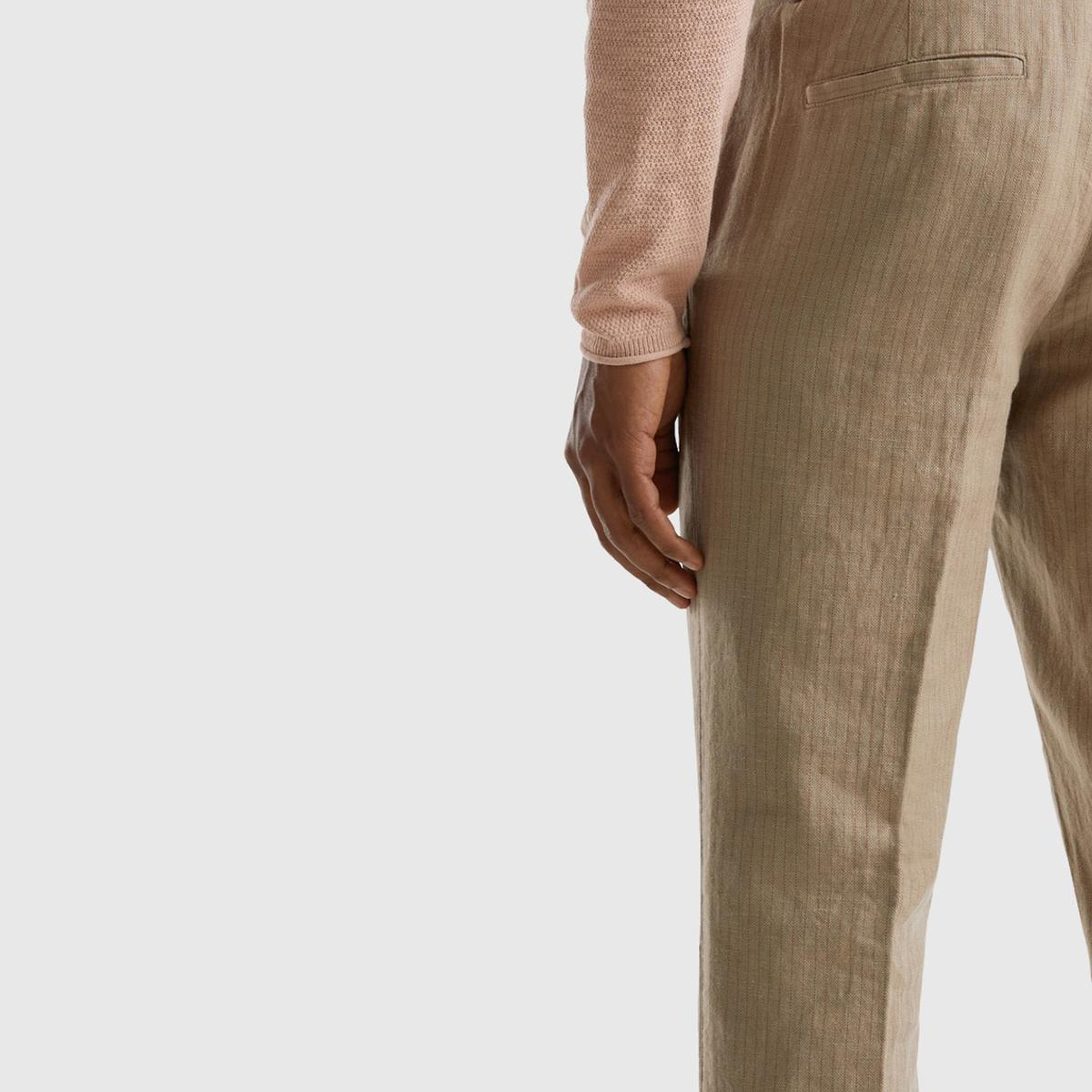 Erkek Bej Keten Karışımlı Cebi Biyeli Pantolon