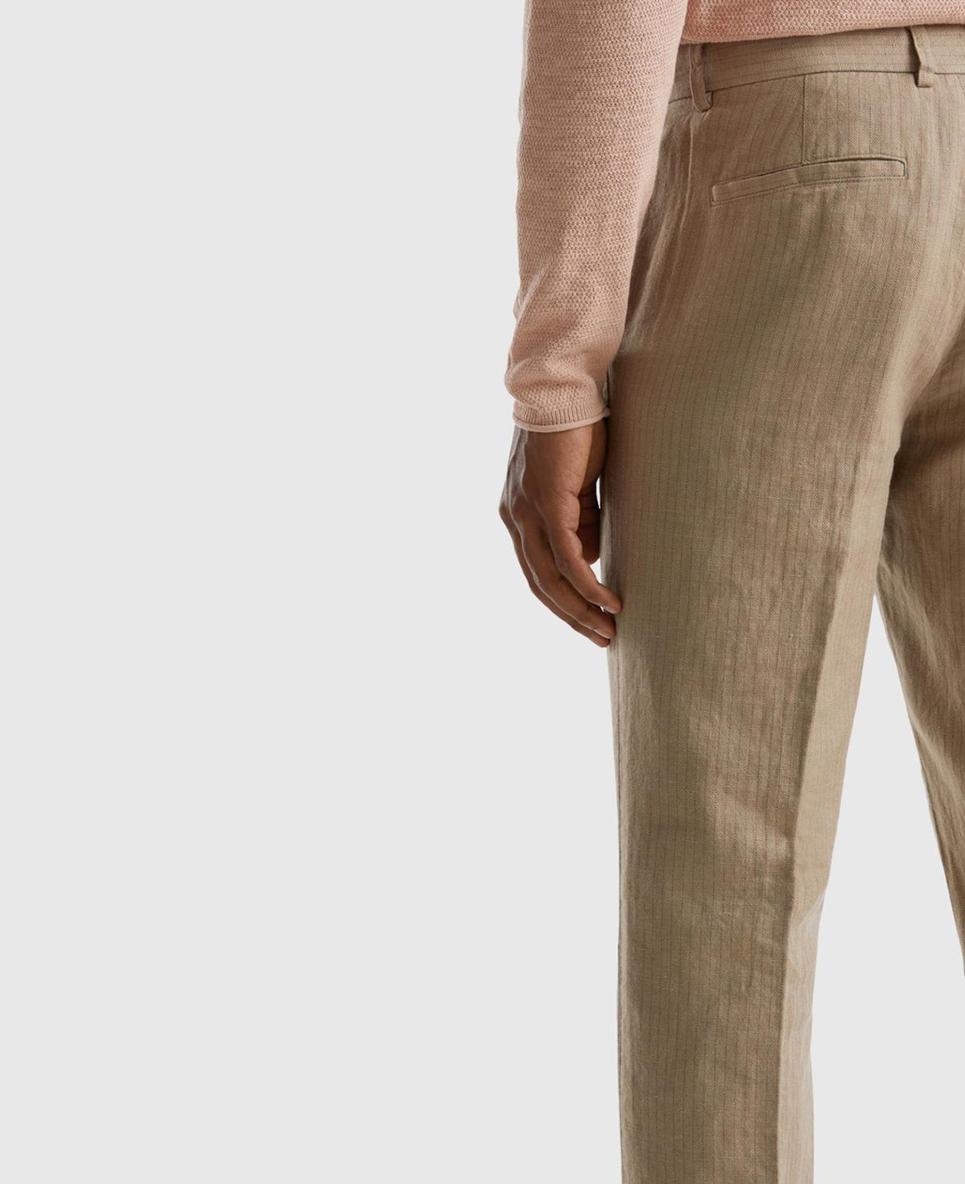 Erkek Bej Keten Karışımlı Cebi Biyeli Pantolon