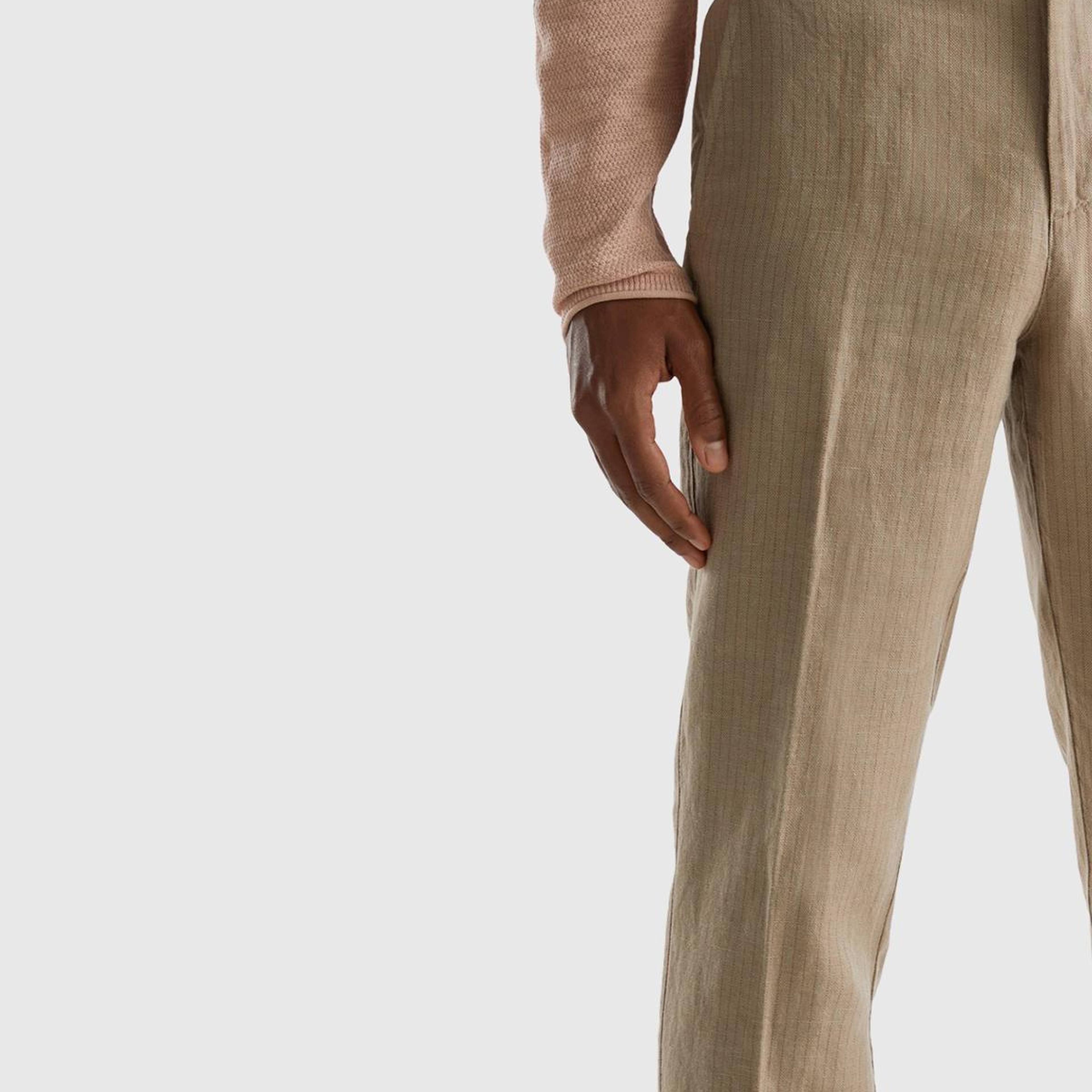 Erkek Bej Keten Karışımlı Cebi Biyeli Pantolon