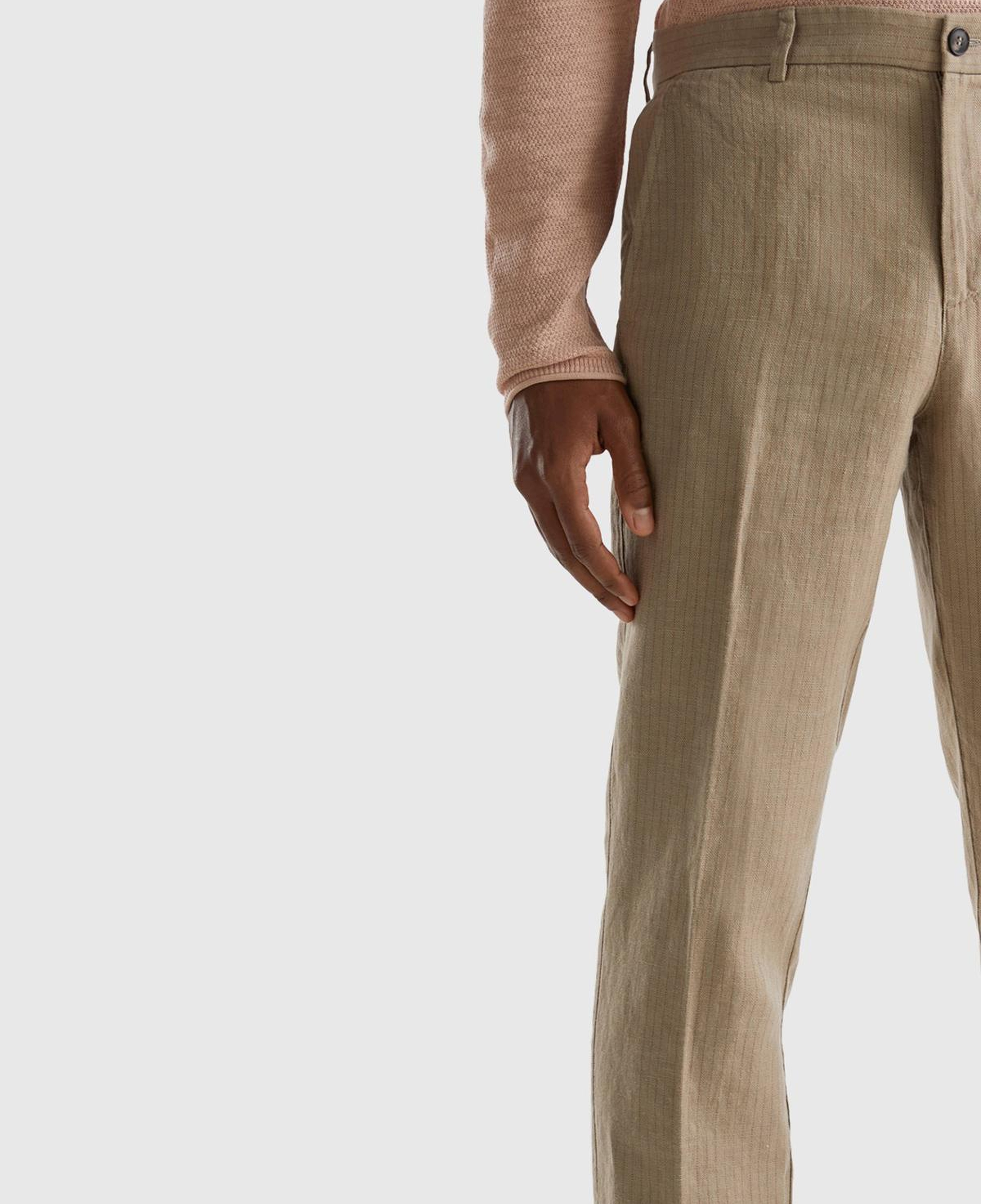Erkek Bej Keten Karışımlı Cebi Biyeli Pantolon