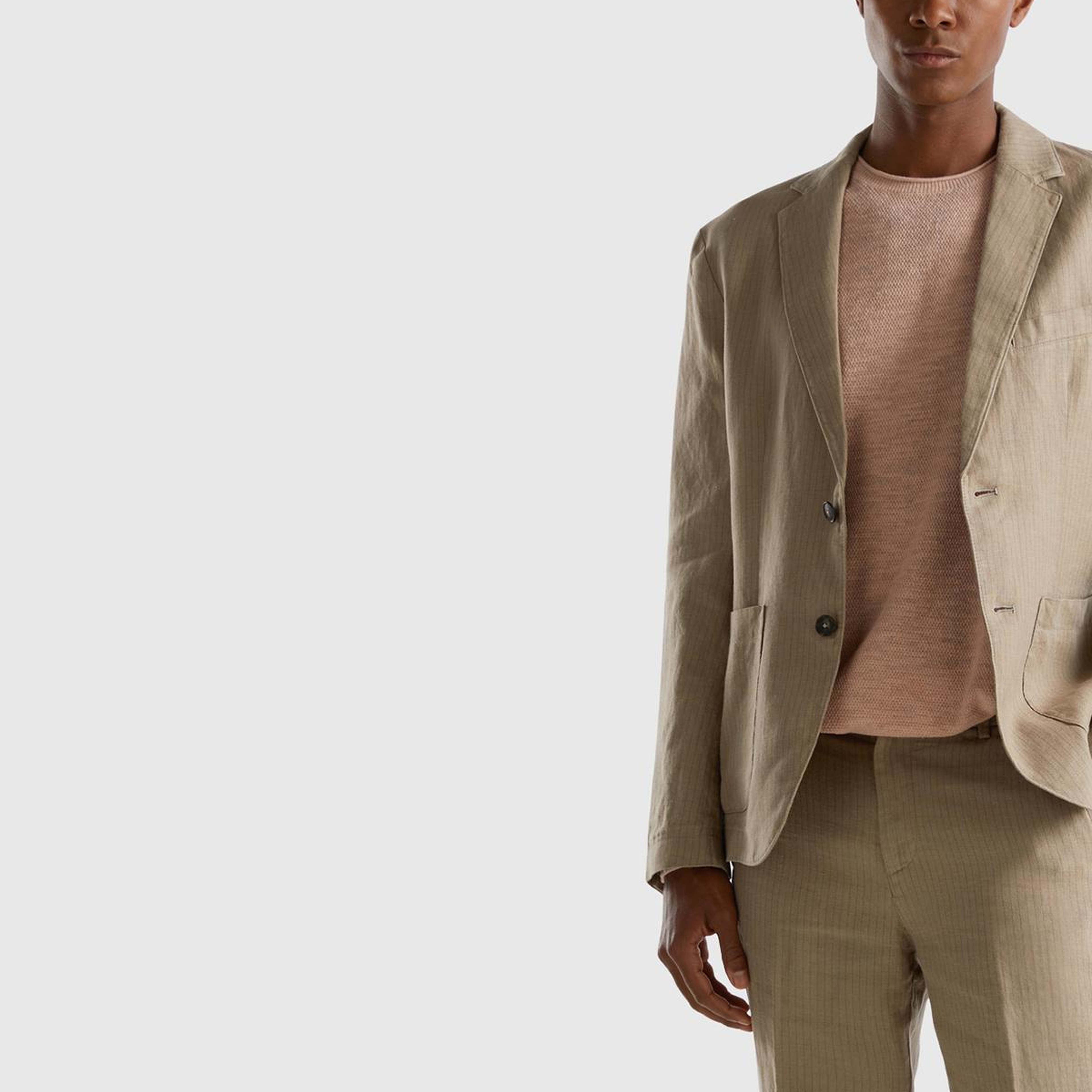 Erkek Bej Keten Karışımlı Cebi Biyeli Pantolon