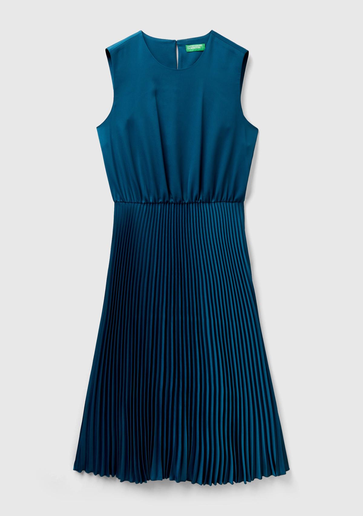 Kadın Petrol Mavisi Önü Detaylı Sıfır Kol Bisiklet Yaka Uzun Elbise