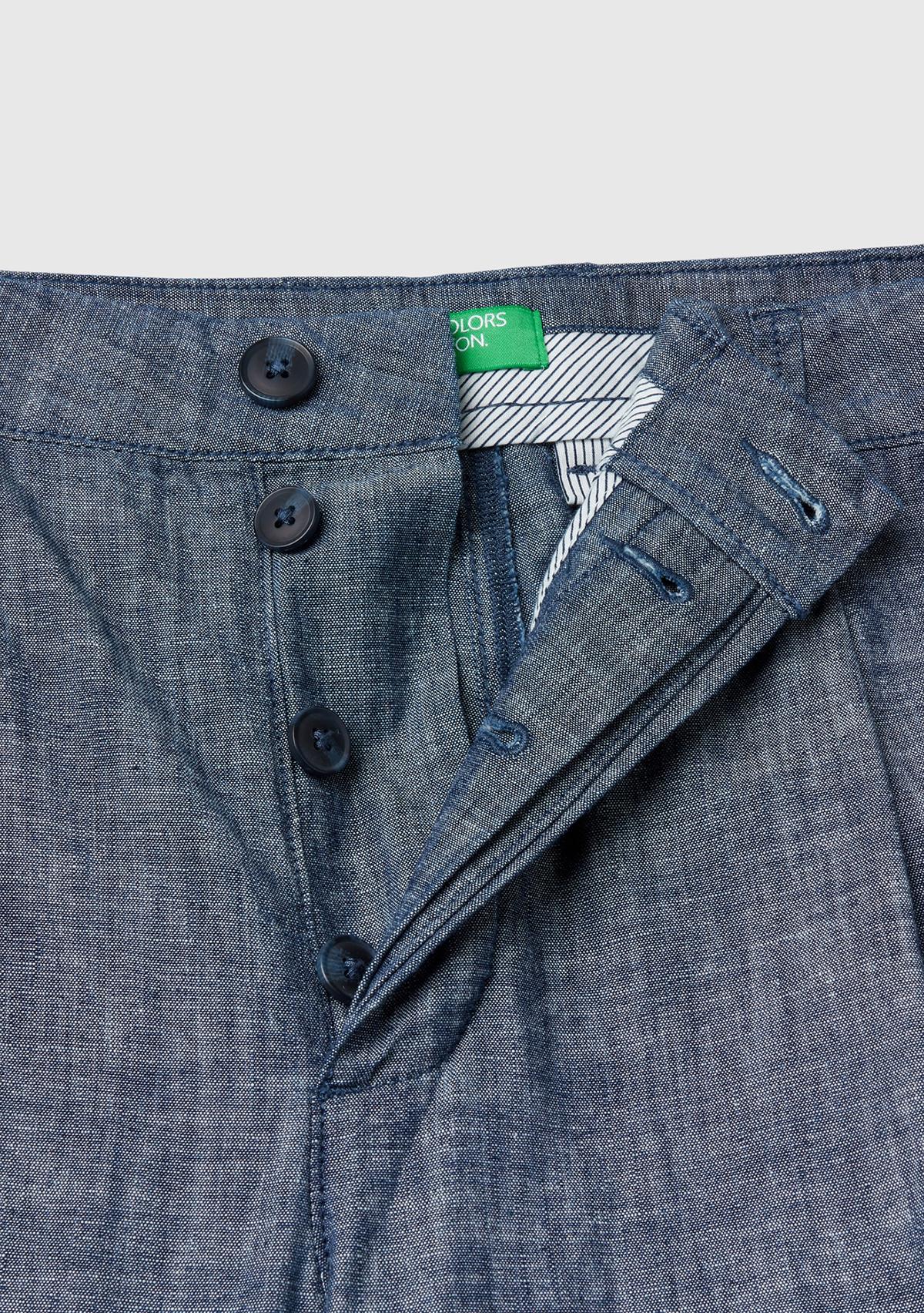 Erkek İndigo %100 Pamuk Önü Pileli 4 Cepli Pantolon