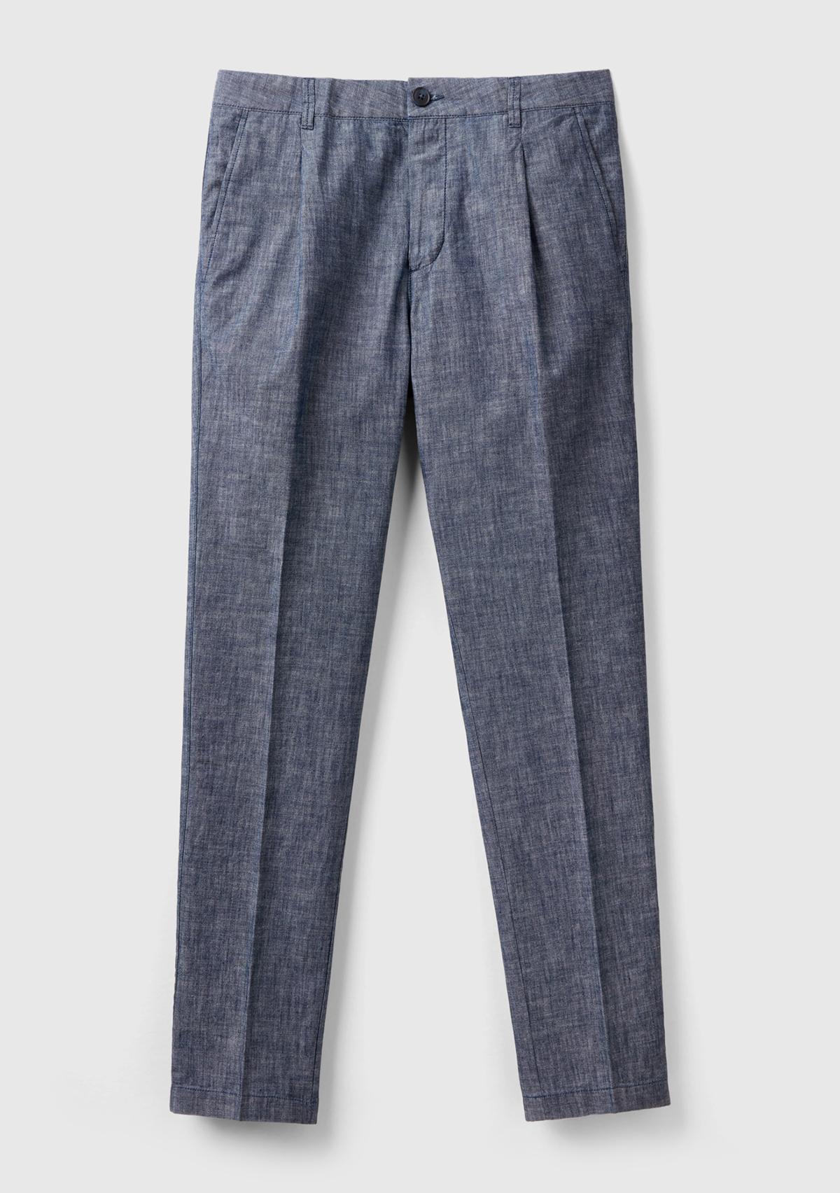 Erkek İndigo %100 Pamuk Önü Pileli 4 Cepli Pantolon