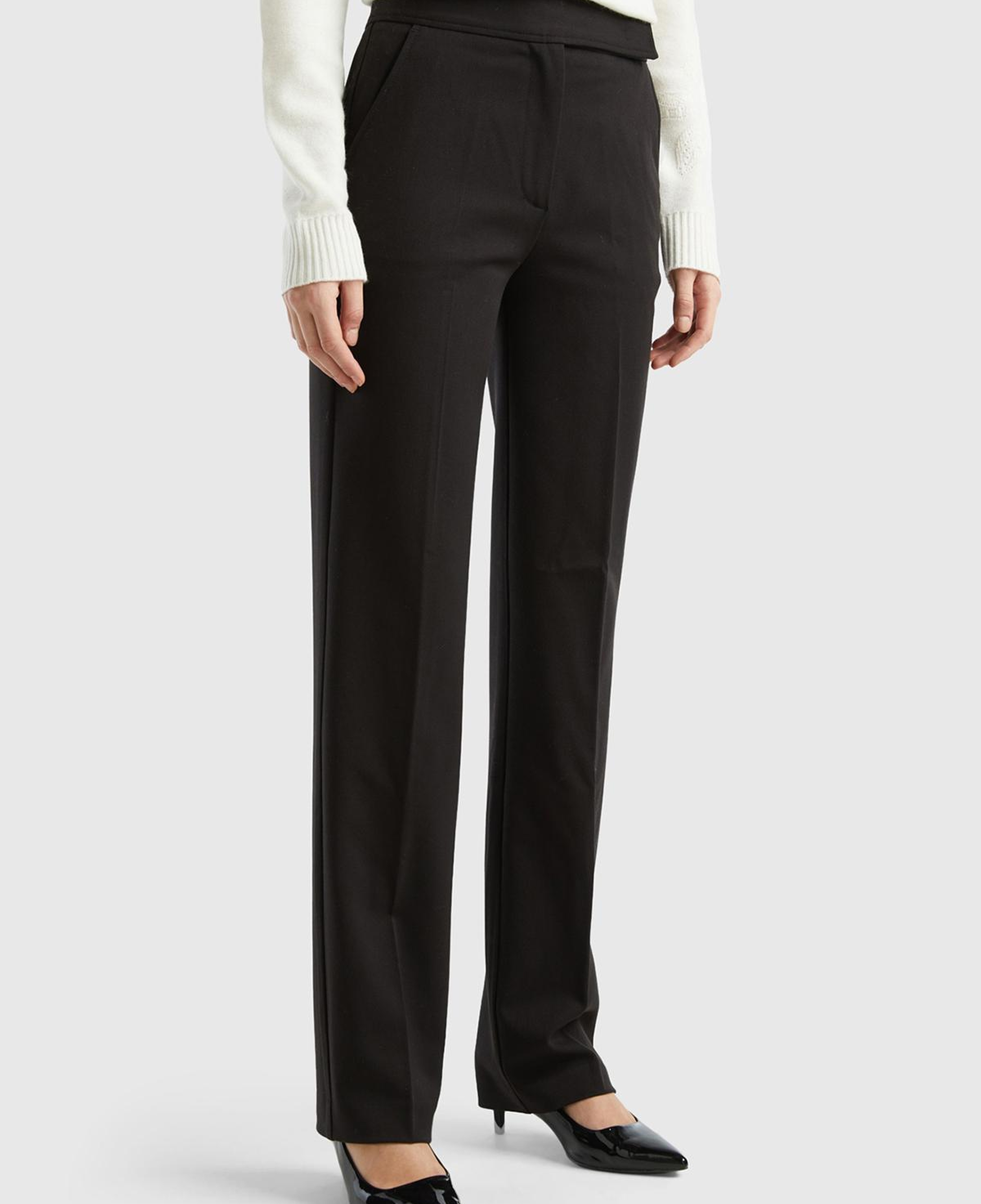 Kadın Siyah Viskoz Karışımlı Beli Kalın Bantlı Cepli Pantolon