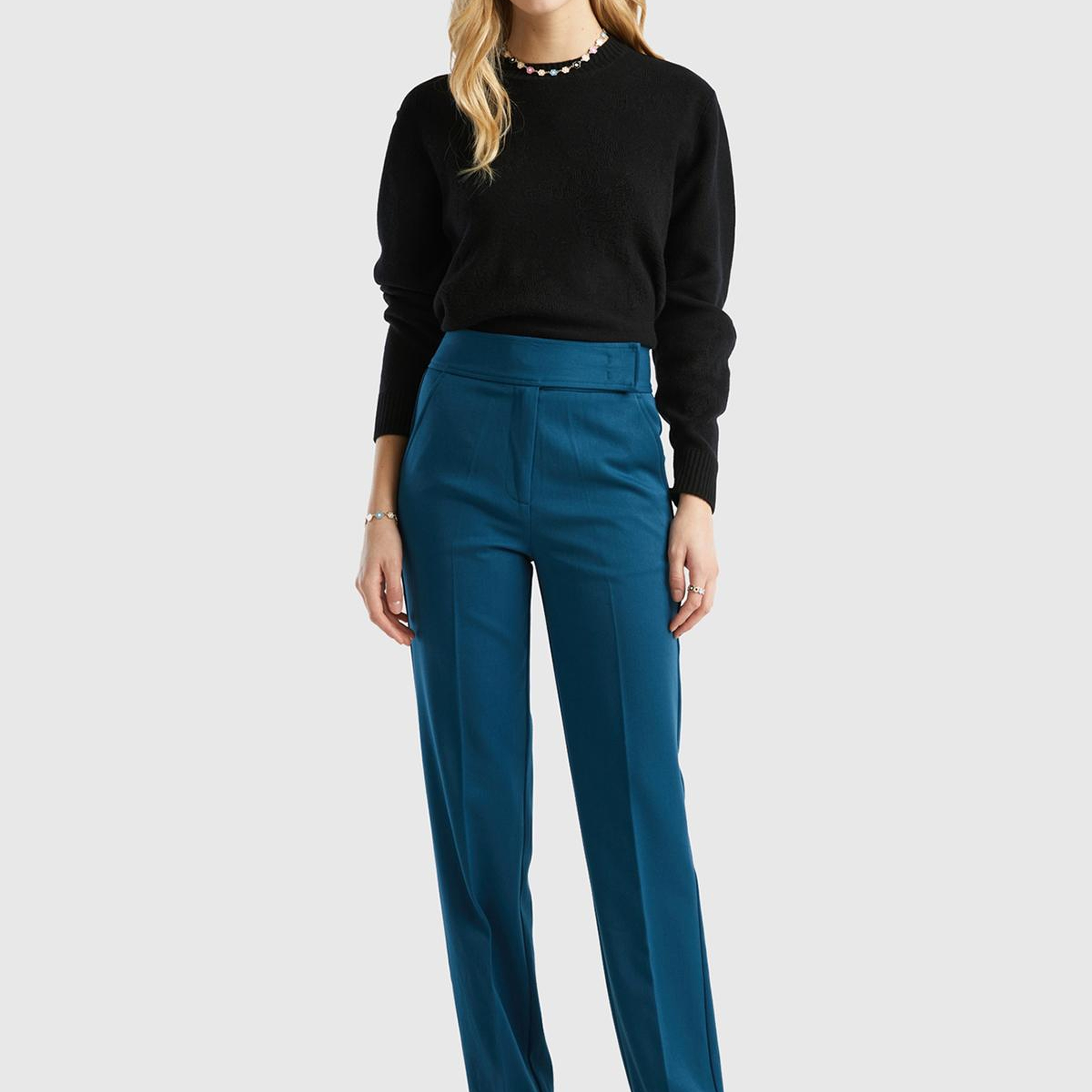 Kadın Petrol Mavisi Viskoz Karışımlı Beli Kalın Bantlı Cepli Pantolon