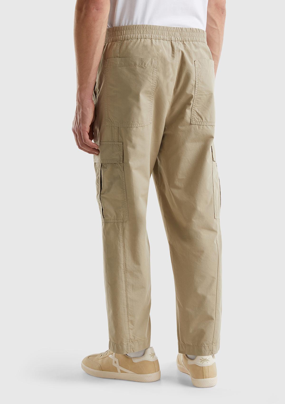 Erkek Haki %100 Pamuk Büyük Yama Cepli Beli Büzgülü Kargo Pantolon