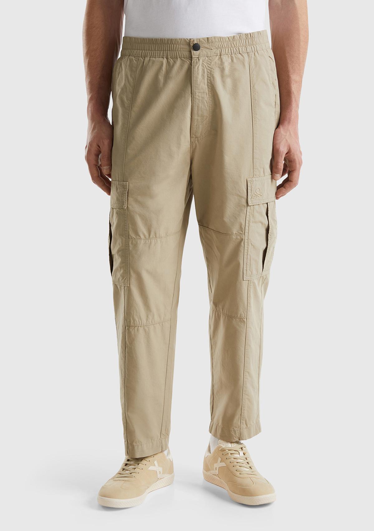 Erkek Haki %100 Pamuk Büyük Yama Cepli Beli Büzgülü Kargo Pantolon