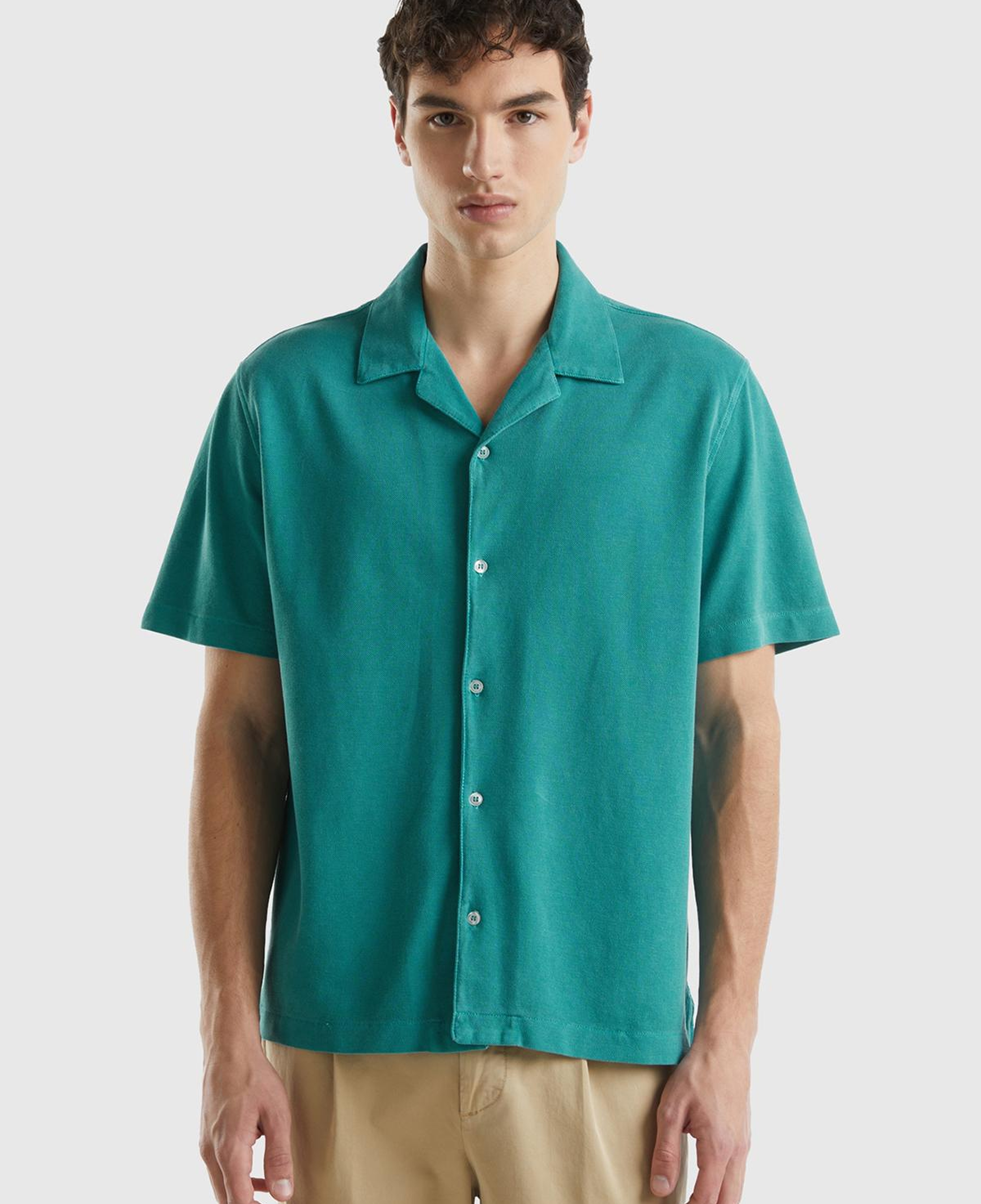 Erkek Adaçayı %100 Pamuk Tek Renkli Dekoratif Dikişli Kısa Kollu Gömlek