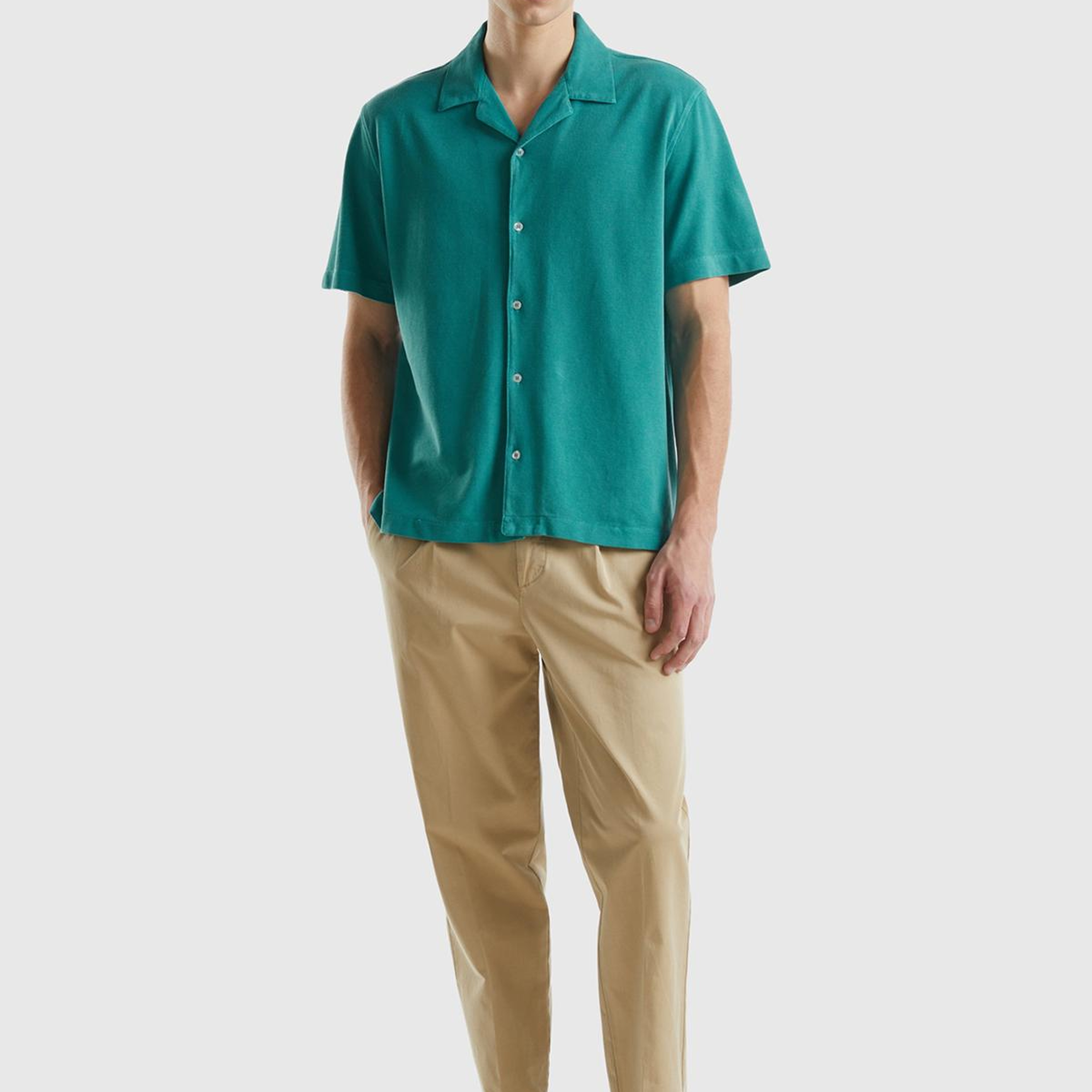 Erkek Adaçayı %100 Pamuk Tek Renkli Dekoratif Dikişli Kısa Kollu Gömlek