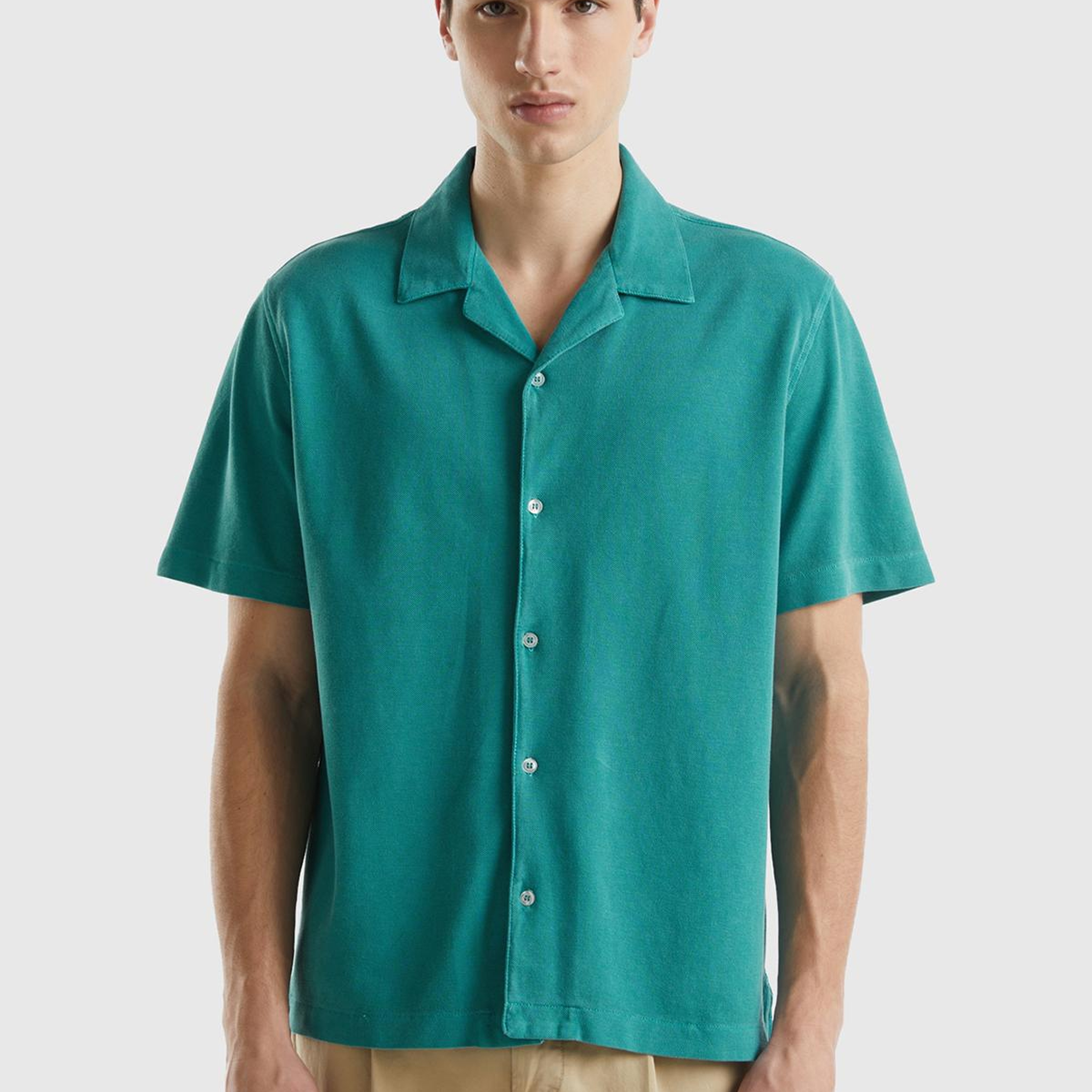 Erkek Adaçayı %100 Pamuk Tek Renkli Dekoratif Dikişli Kısa Kollu Gömlek