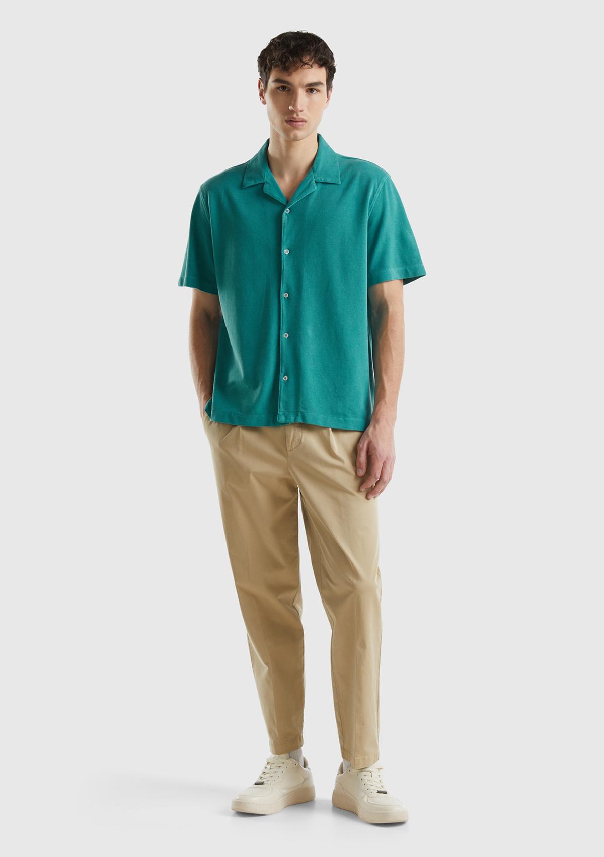 Erkek Adaçayı %100 Pamuk Tek Renkli Dekoratif Dikişli Kısa Kollu Gömlek