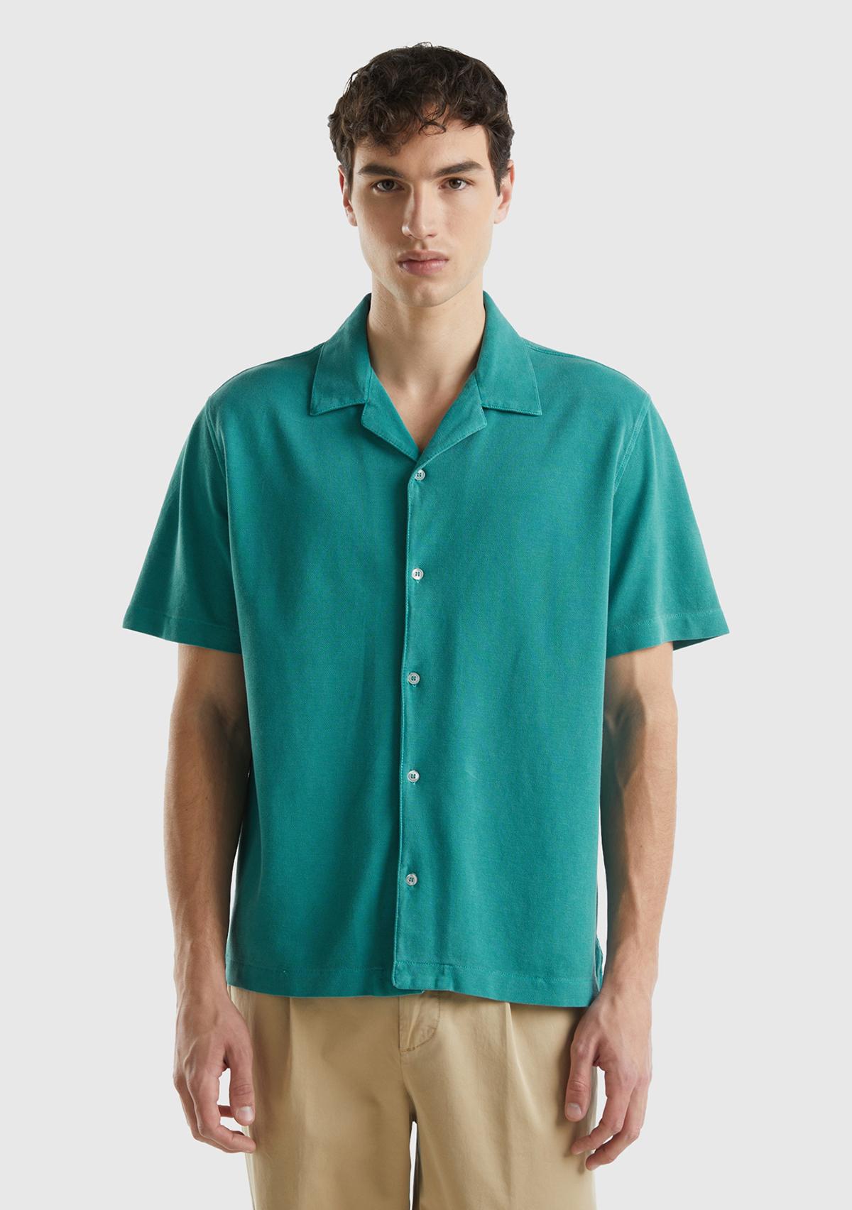 Erkek Adaçayı %100 Pamuk Tek Renkli Dekoratif Dikişli Kısa Kollu Gömlek