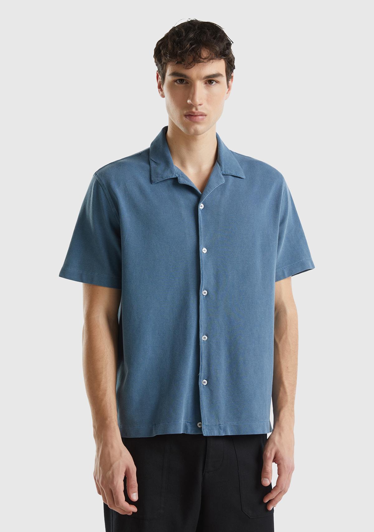Erkek Lacivert %100 Pamuk Tek Renkli Dekoratif Dikişli Kısa Kollu Gömlek