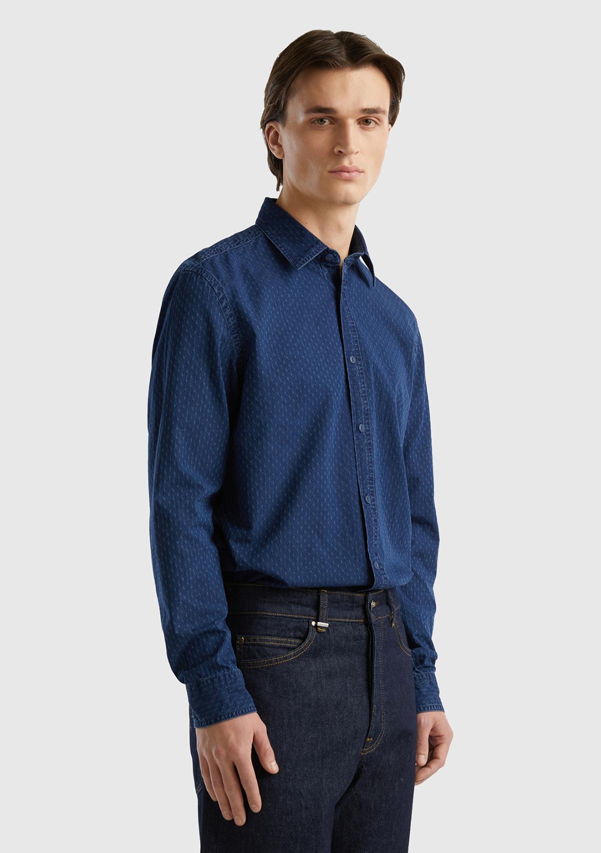 Erkek İndigo %100 Koton Regular Fit İndigo Denim Gömlek