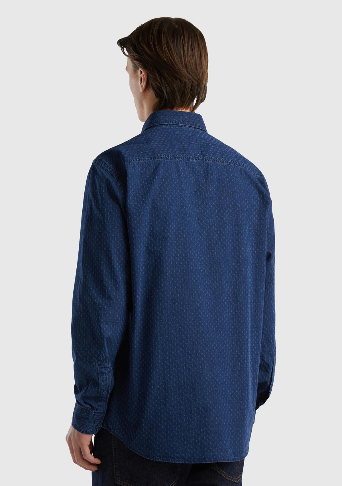 Erkek İndigo %100 Koton Regular Fit İndigo Denim Gömlek