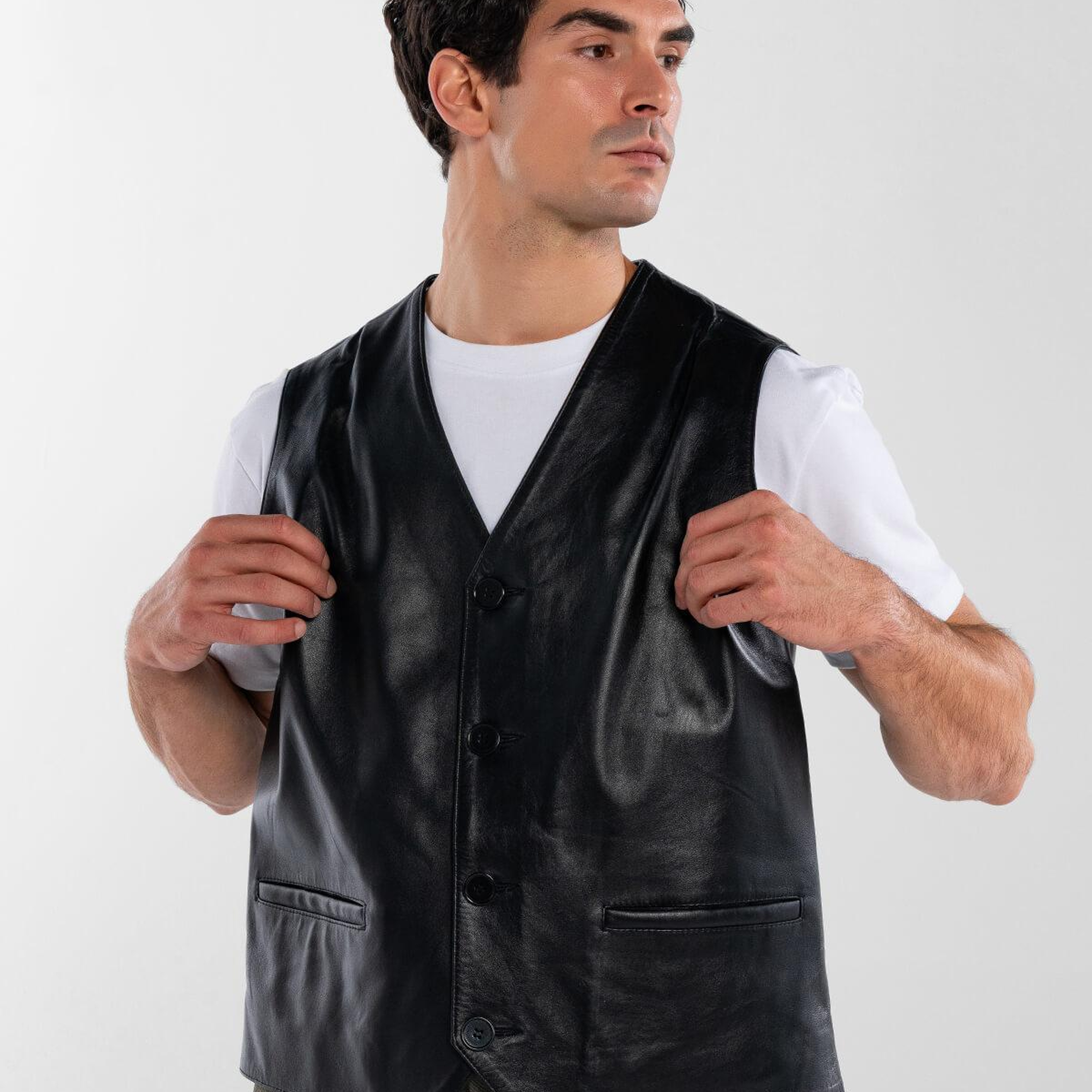 Tamer Tanca Erkek Hakiki Deri Siyah Yelek Deri Mont