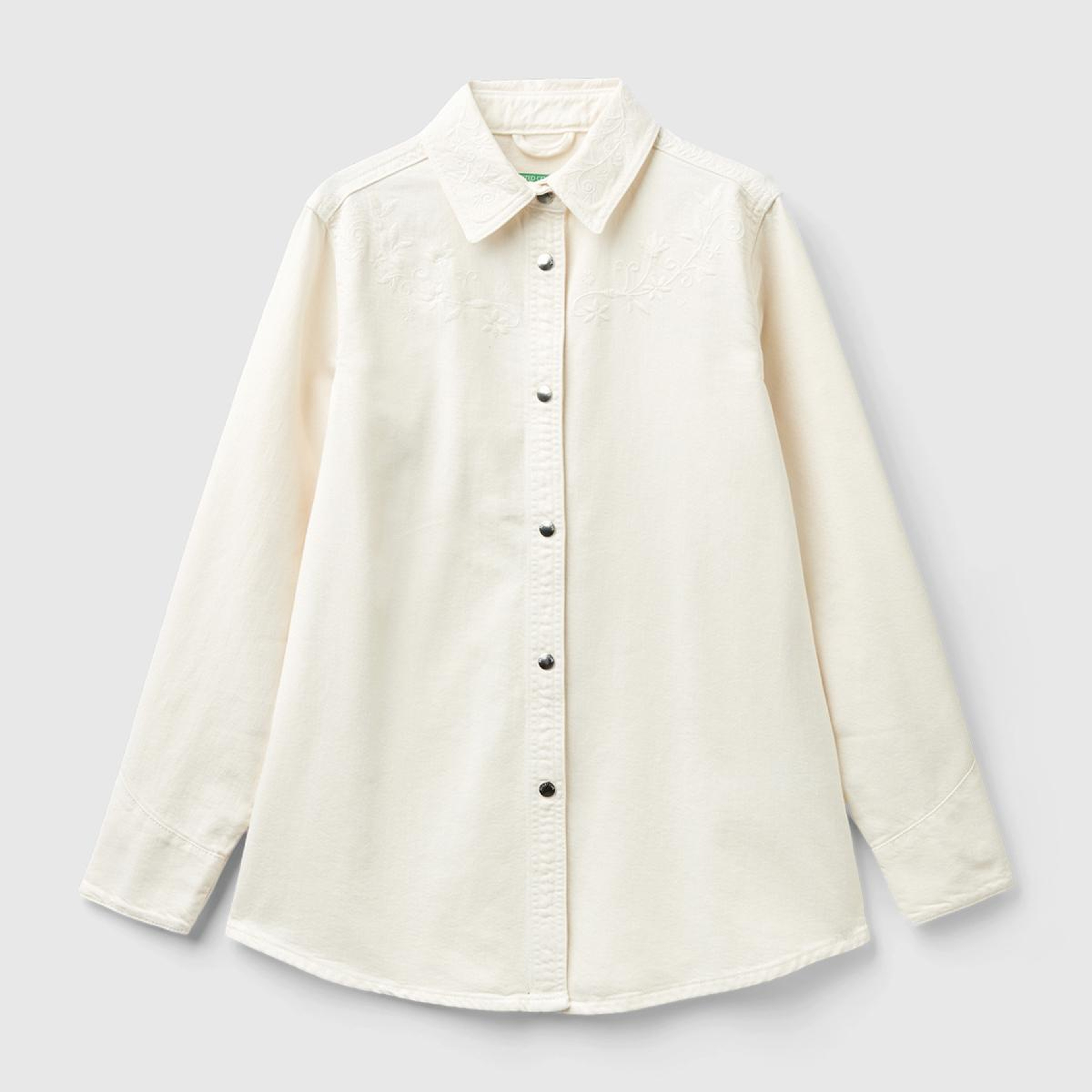 Kadın Krem %100 Pamuk Çiçek Motifli Geniş Kesim Uzun Kollu Gömlek