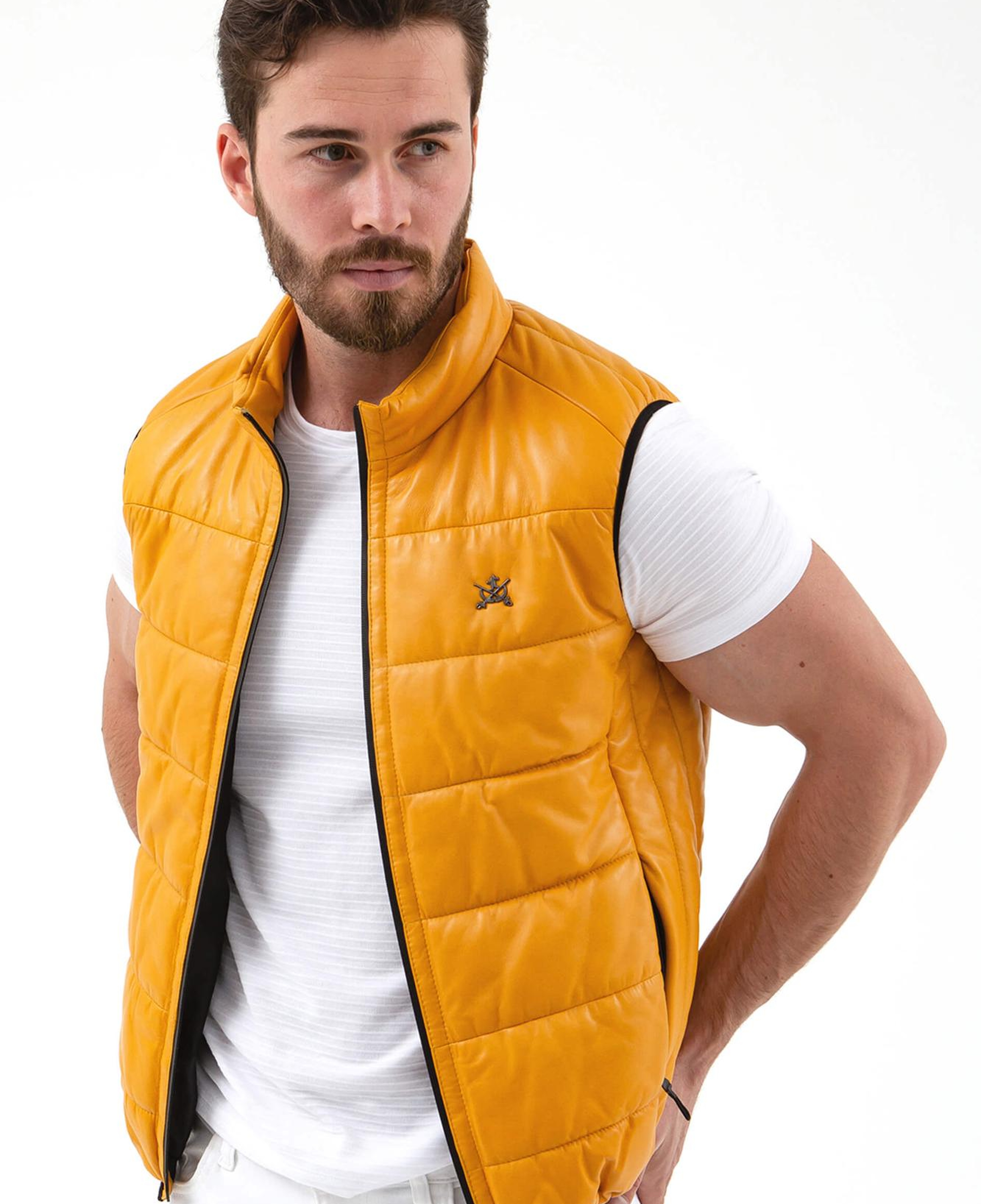 Tamer Tanca Erkek Hakiki Deri Sarı Yelek Deri Mont