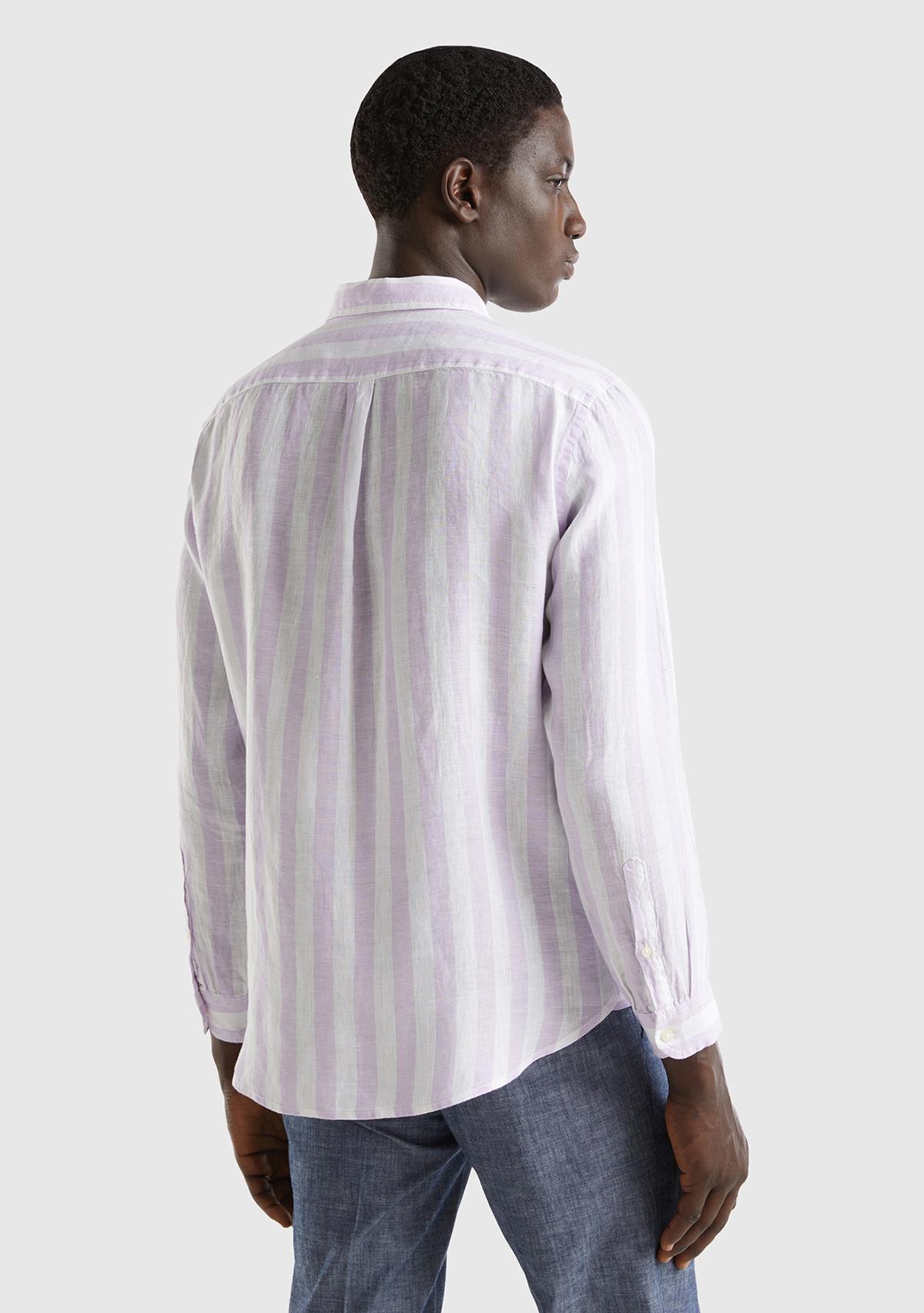 Erkek Beyaz-Lila %100 Keten Gömlek