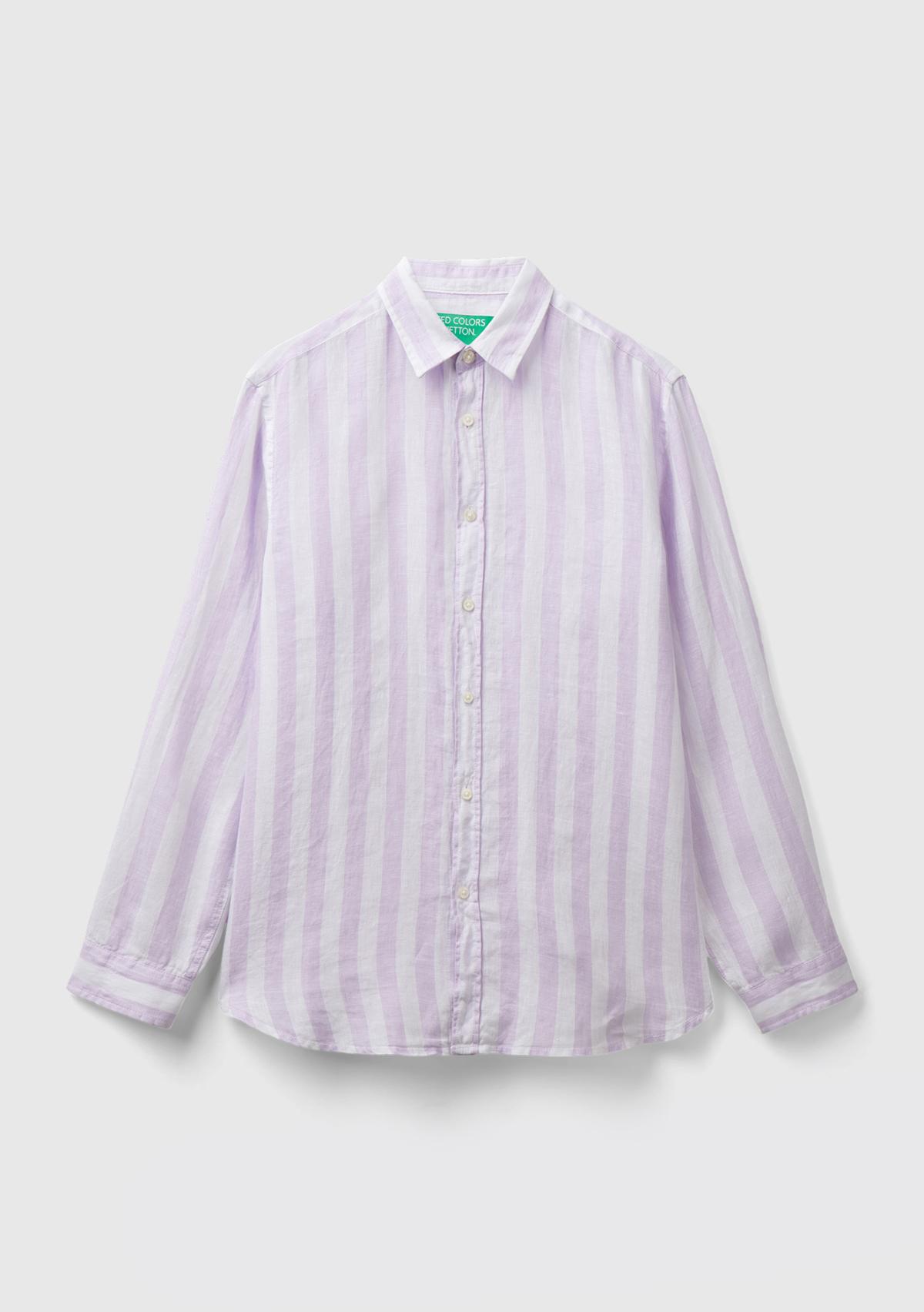 Erkek Beyaz-Lila %100 Keten Gömlek