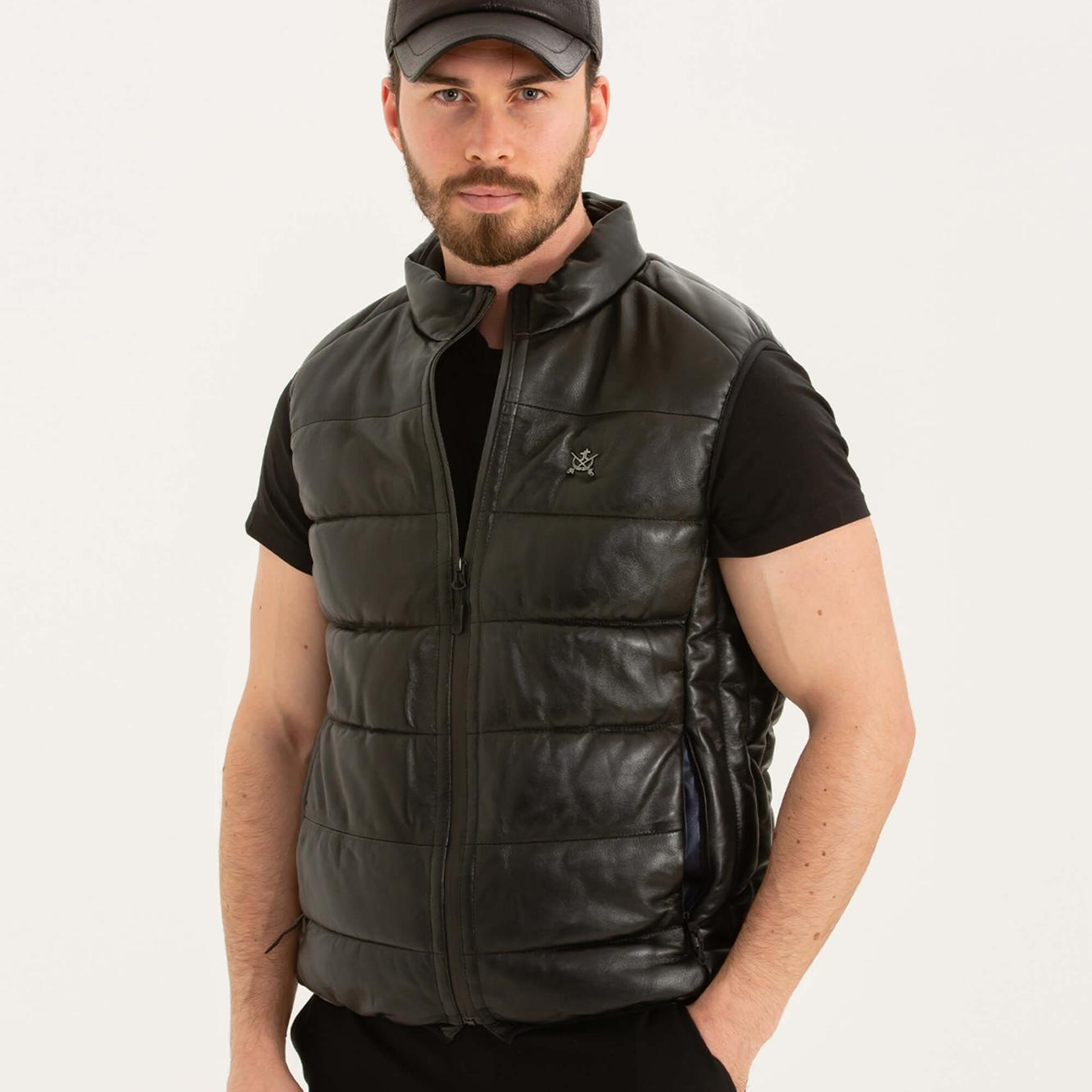 Tamer Tanca Erkek Hakiki Deri Siyah Deri Yelek Deri Mont